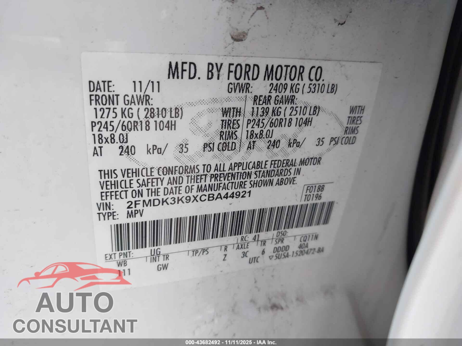 FORD EDGE 2012 - 2FMDK3K9XCBA44921
