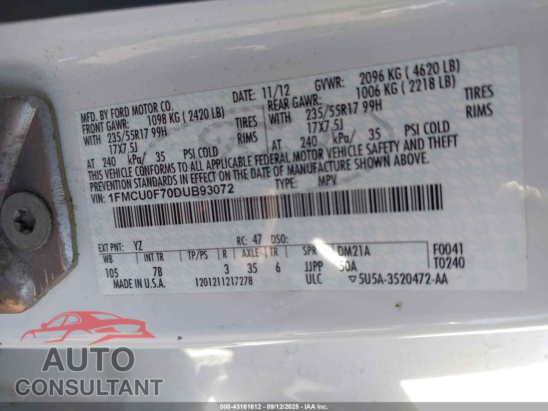 FORD ESCAPE 2013 - 1FMCU0F70DUB93072