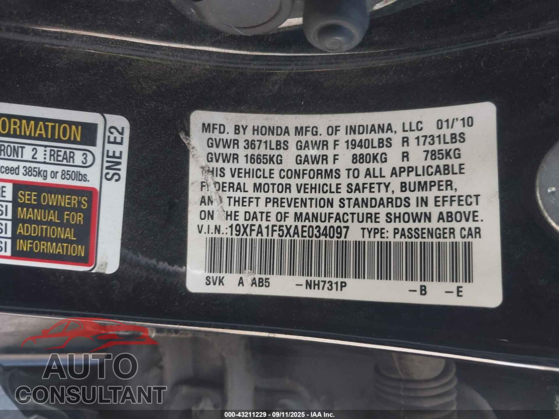 HONDA CIVIC 2010 - 19XFA1F5XAE034097