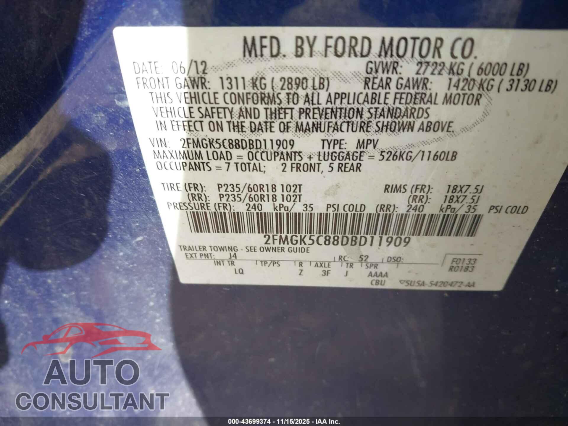 FORD FLEX 2013 - 2FMGK5C88DBD11909