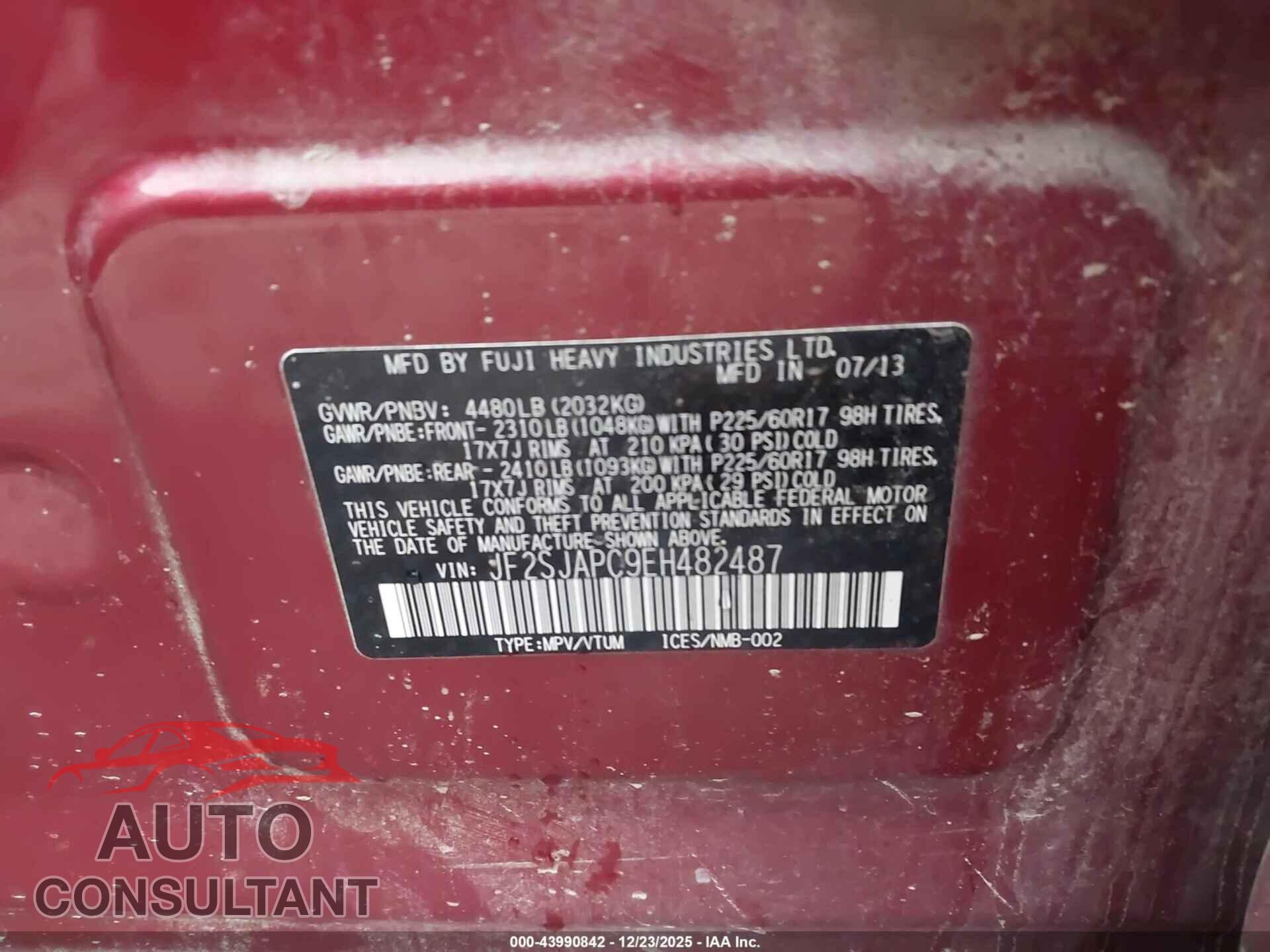 SUBARU FORESTER 2014 - JF2SJAPC9EH482487