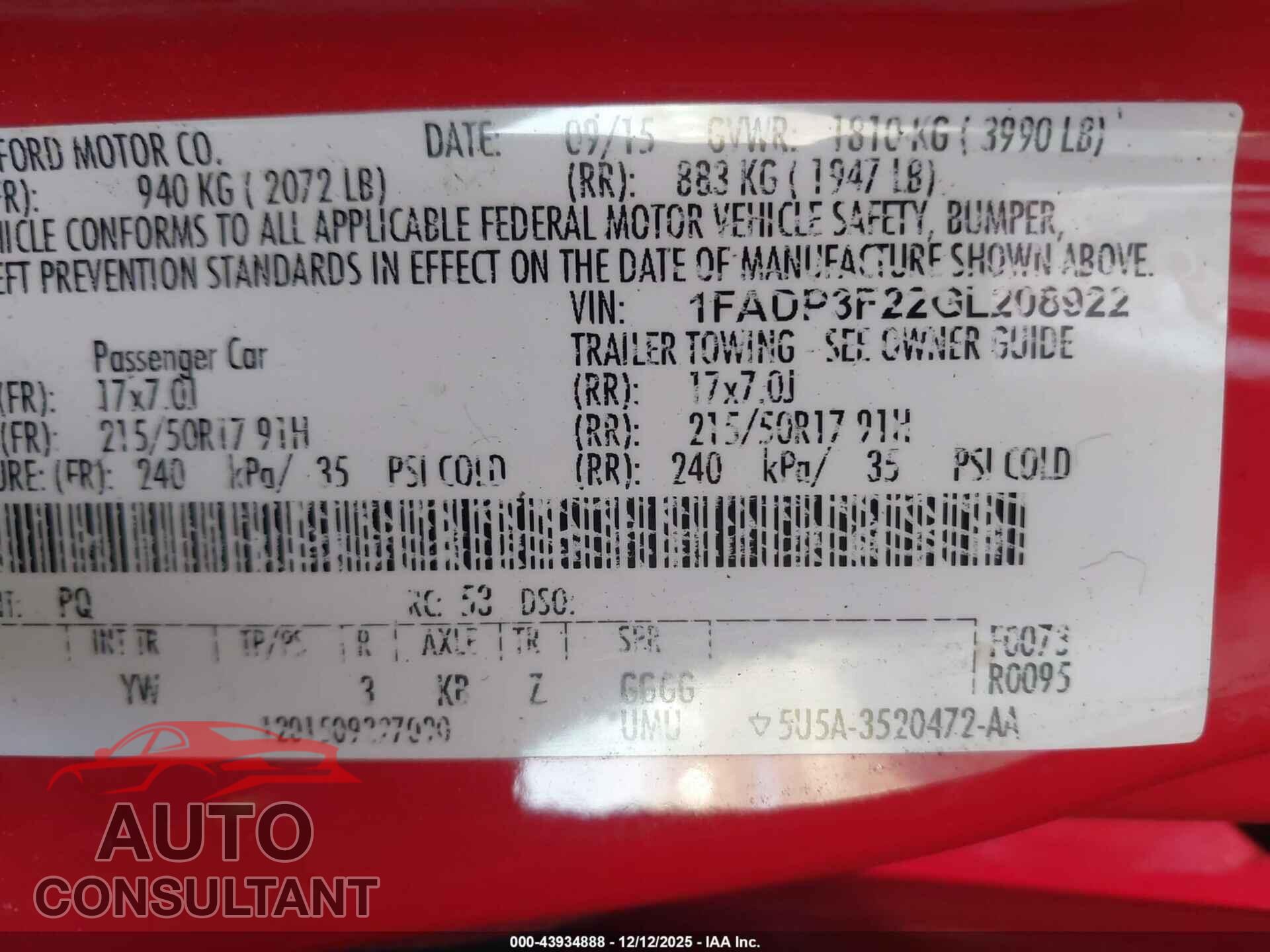 FORD FOCUS 2016 - 1FADP3F22GL208922