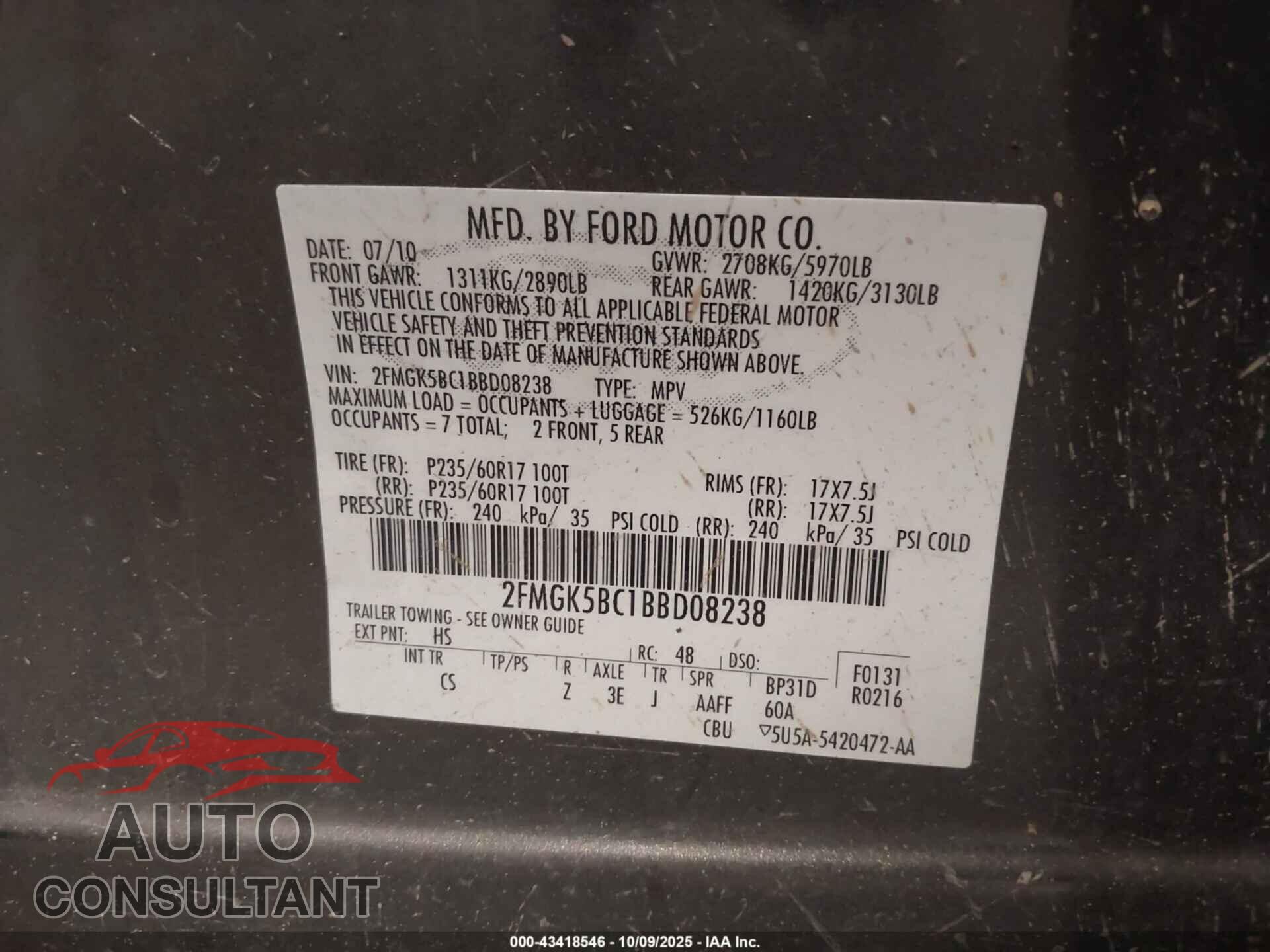 FORD FLEX 2011 - 2FMGK5BC1BBD08238