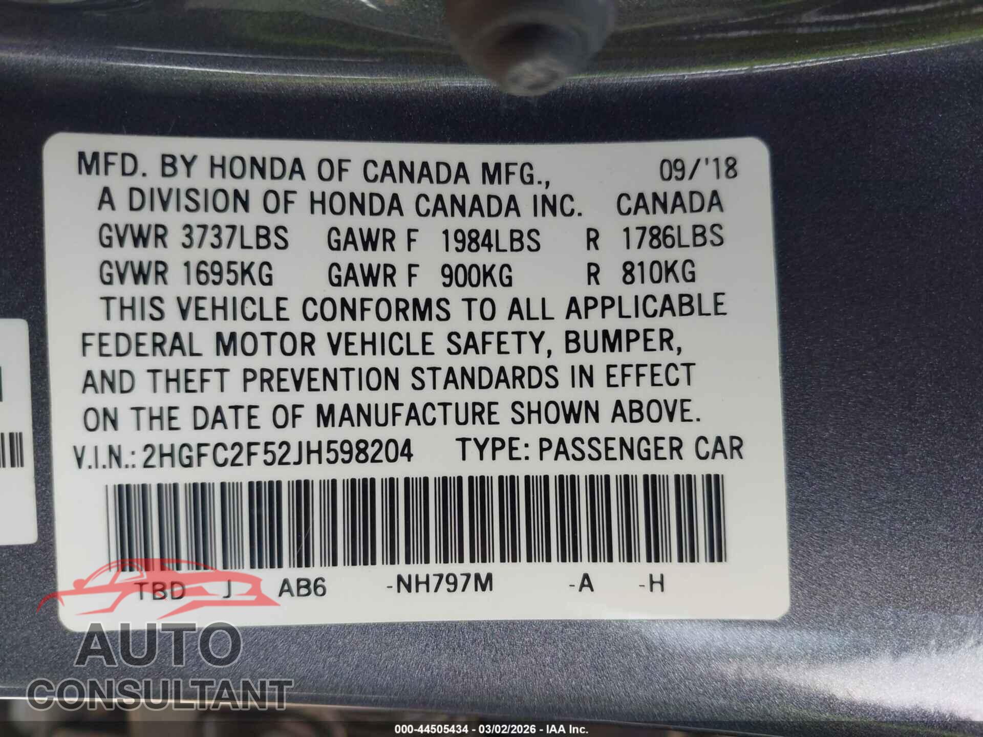 HONDA CIVIC 2018 - 2HGFC2F52JH598204