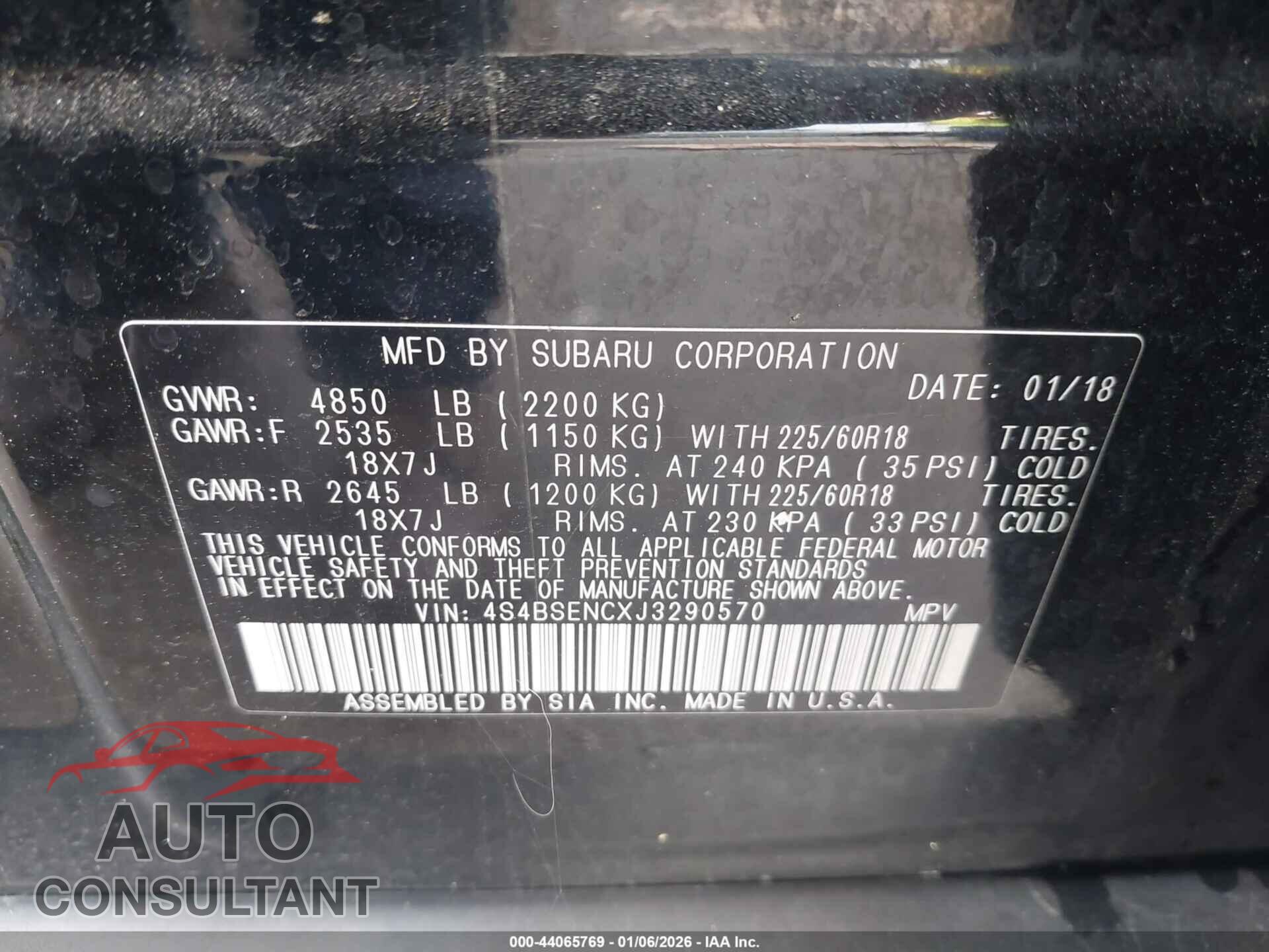 SUBARU OUTBACK 2018 - 4S4BSENCXJ3290570