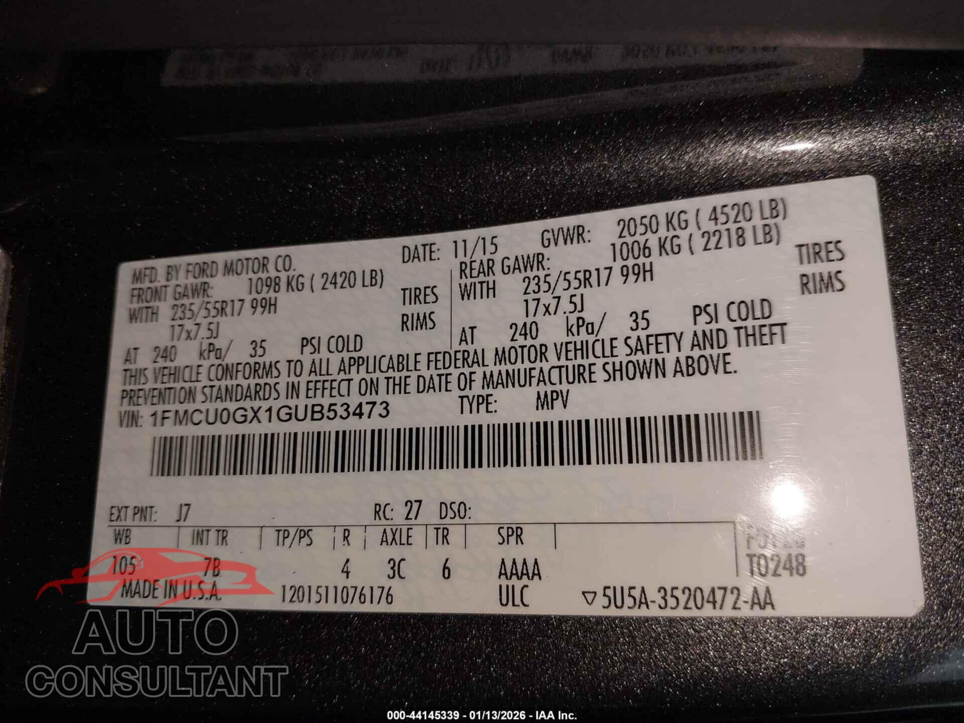 FORD ESCAPE 2016 - 1FMCU0GX1GUB53473