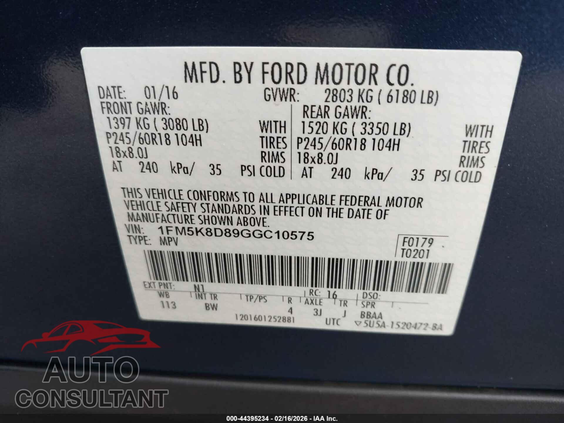 FORD EXPLORER 2016 - 1FM5K8D89GGC10575