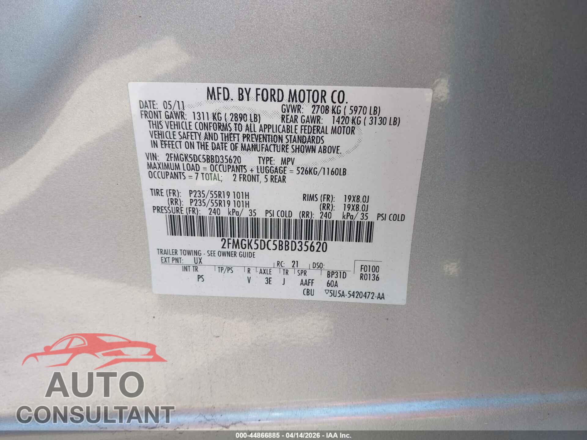 FORD FLEX 2011 - 2FMGK5DC5BBD35620