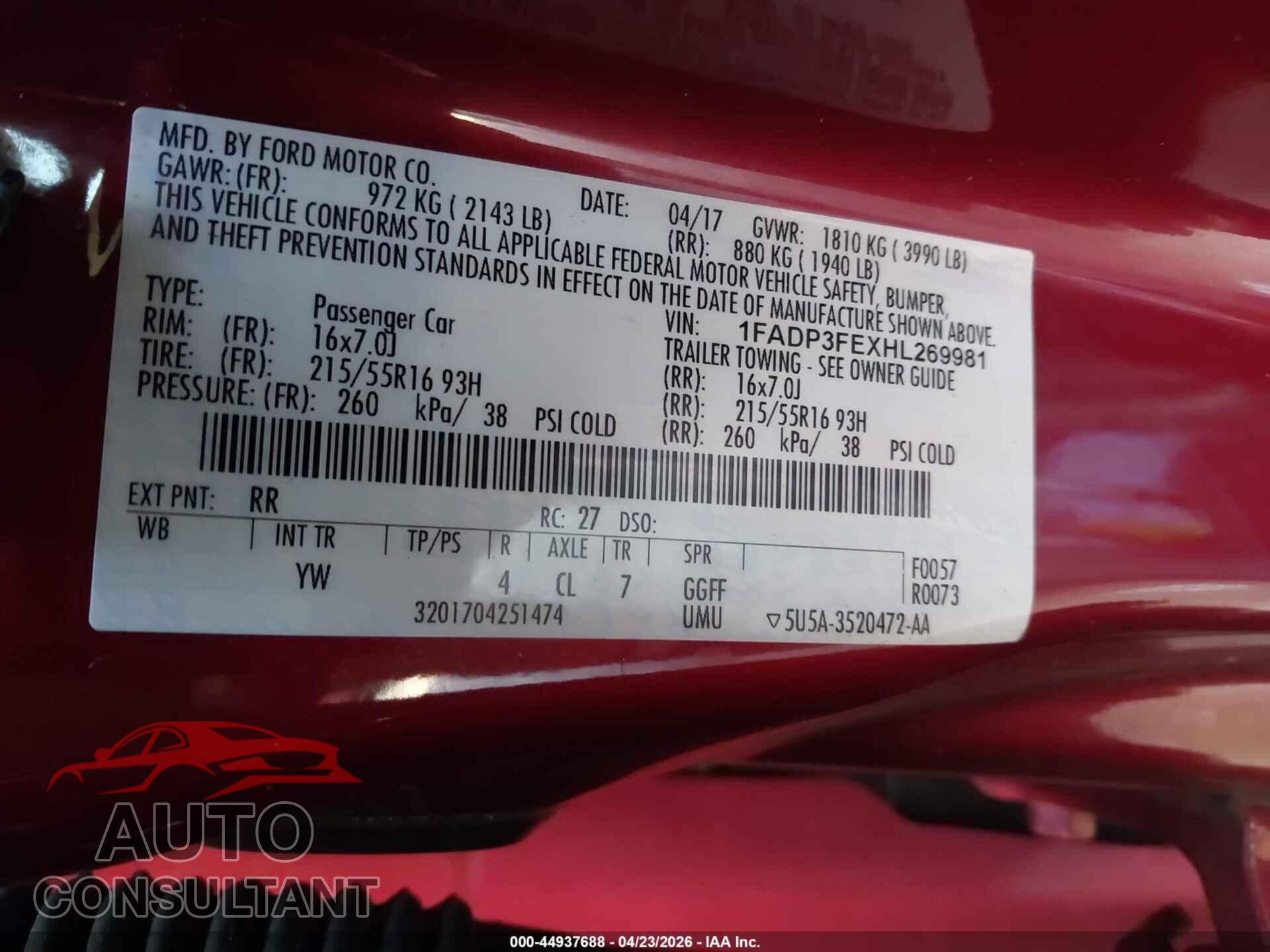 FORD FOCUS 2017 - 1FADP3FEXHL269981