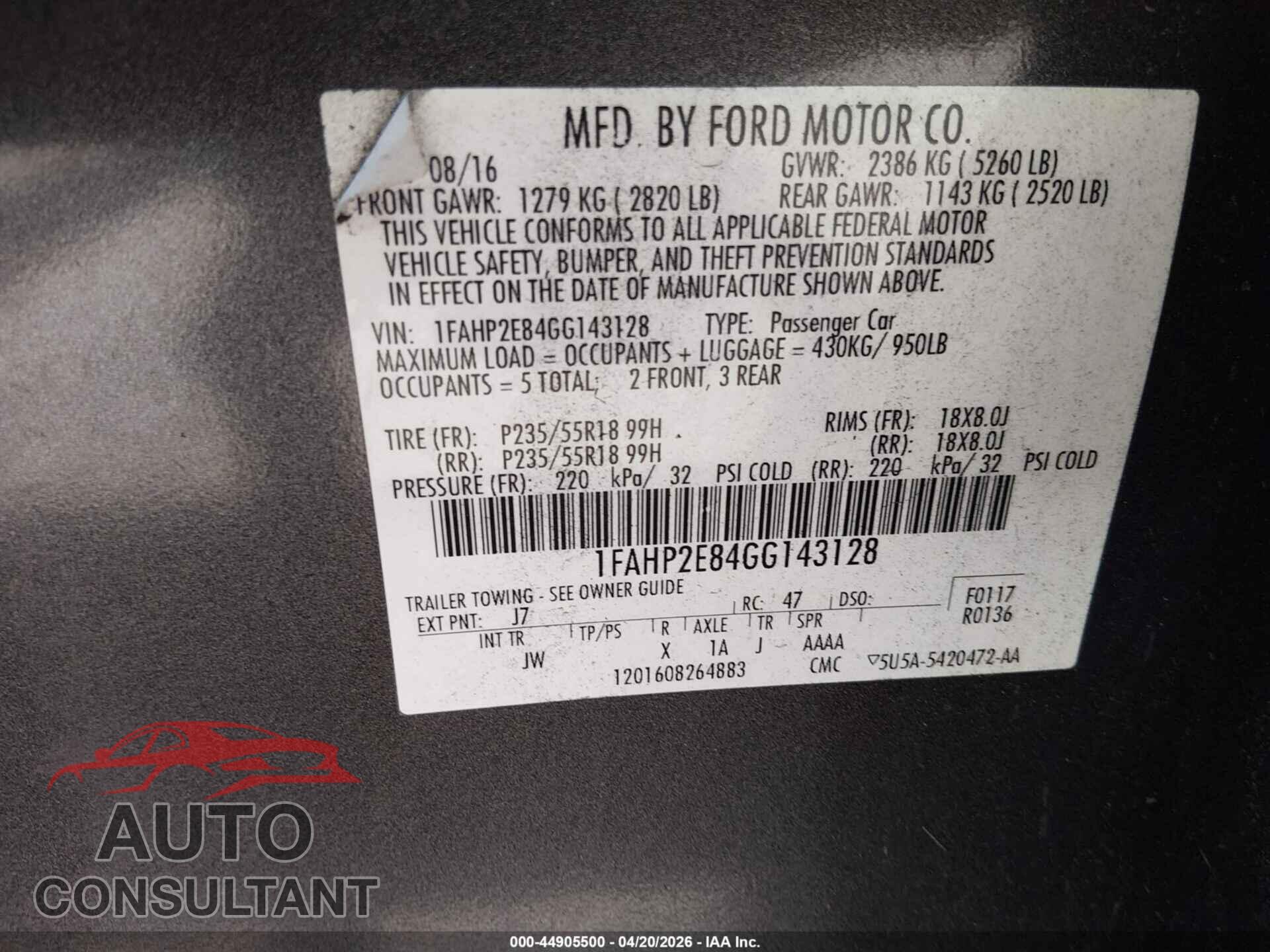 FORD TAURUS 2016 - 1FAHP2E84GG143128
