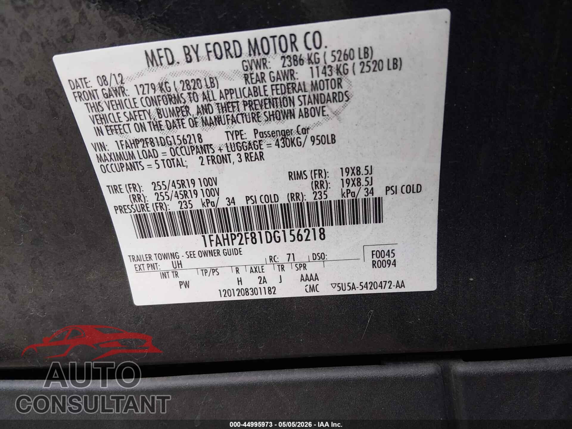 FORD TAURUS 2013 - 1FAHP2F81DG156218