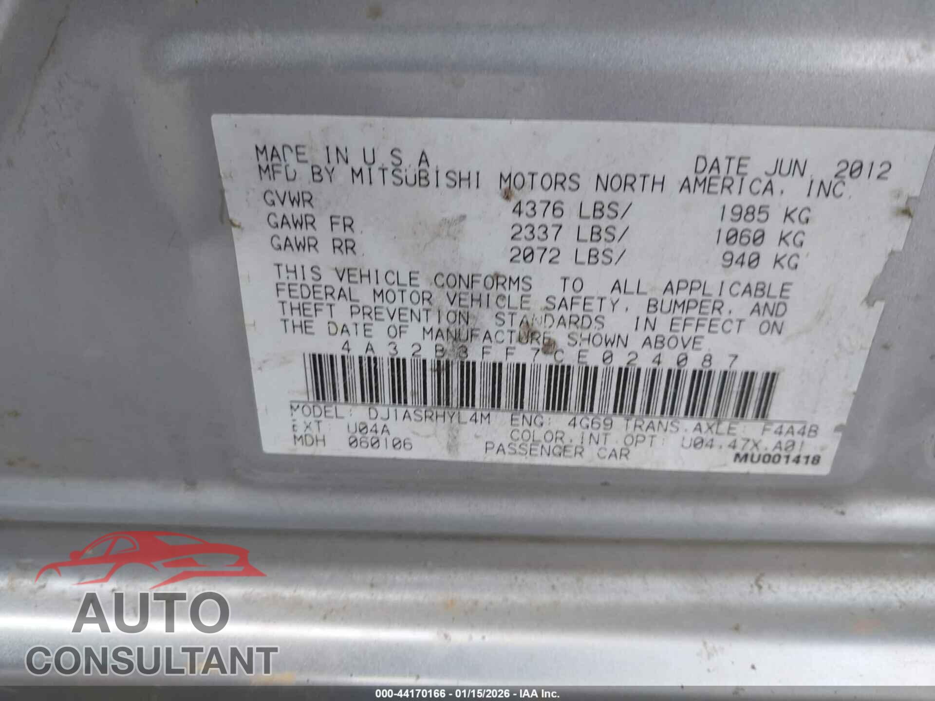 MITSUBISHI GALANT 2012 - 4A32B3FF7CE024087