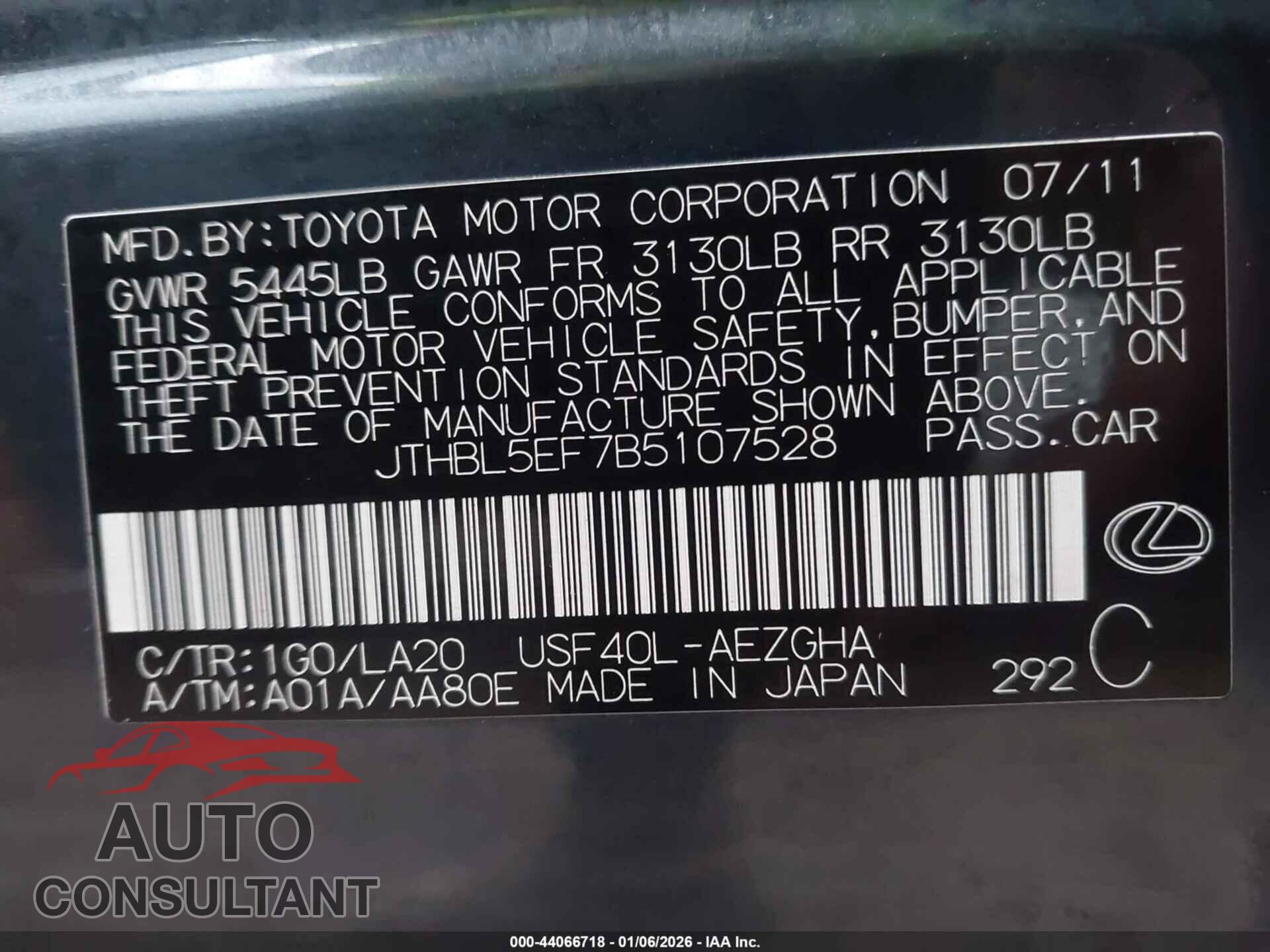 LEXUS LS 460 2011 - JTHBL5EF7B5107528
