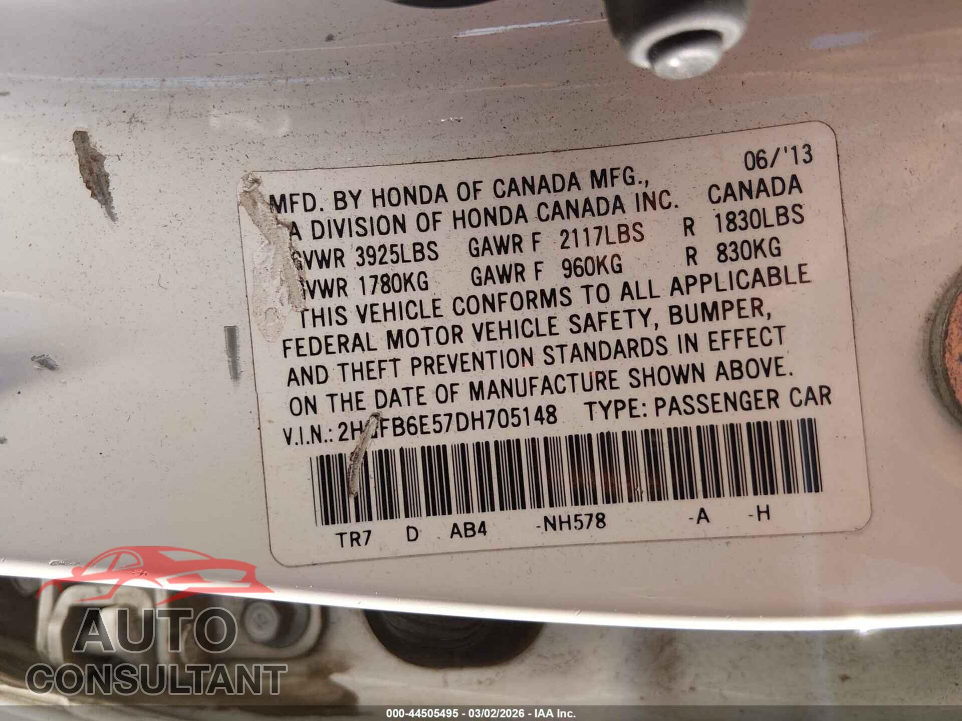 HONDA CIVIC 2013 - 2HGFB6E57DH705148