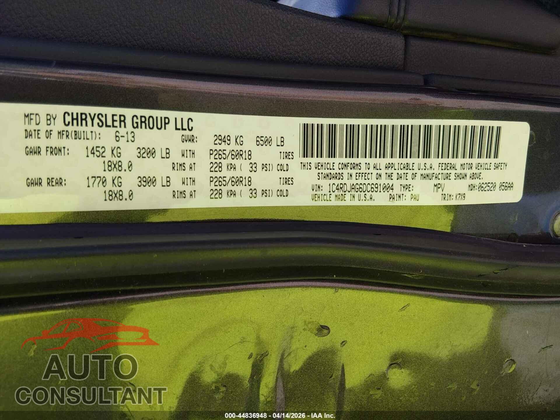 DODGE DURANGO 2013 - 1C4RDJAG6DC691004