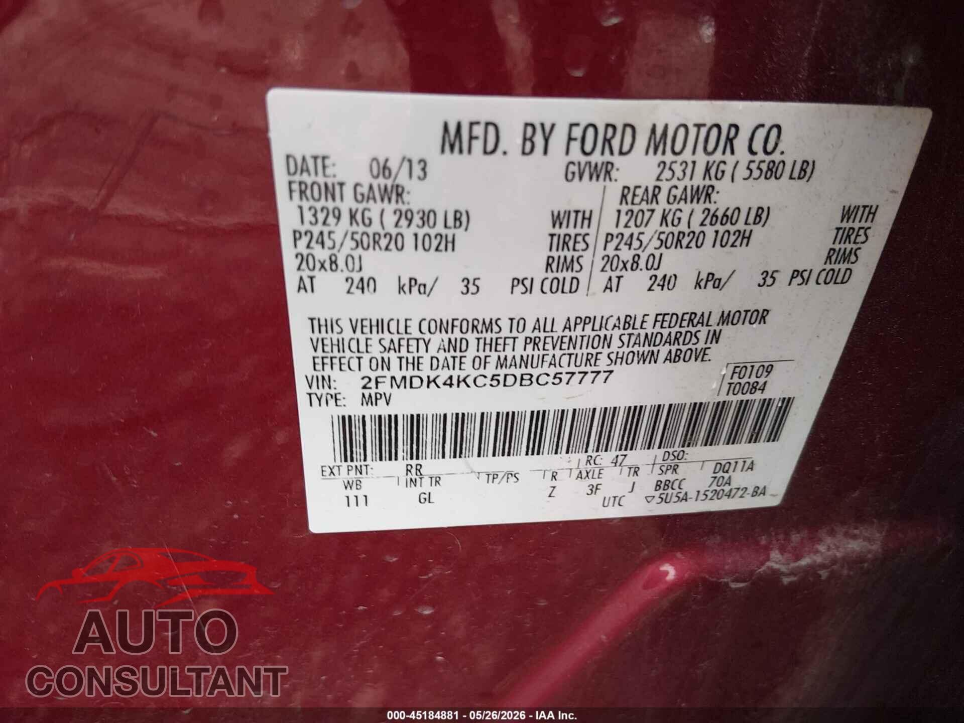 FORD EDGE 2013 - 2FMDK4KC5DBC57777