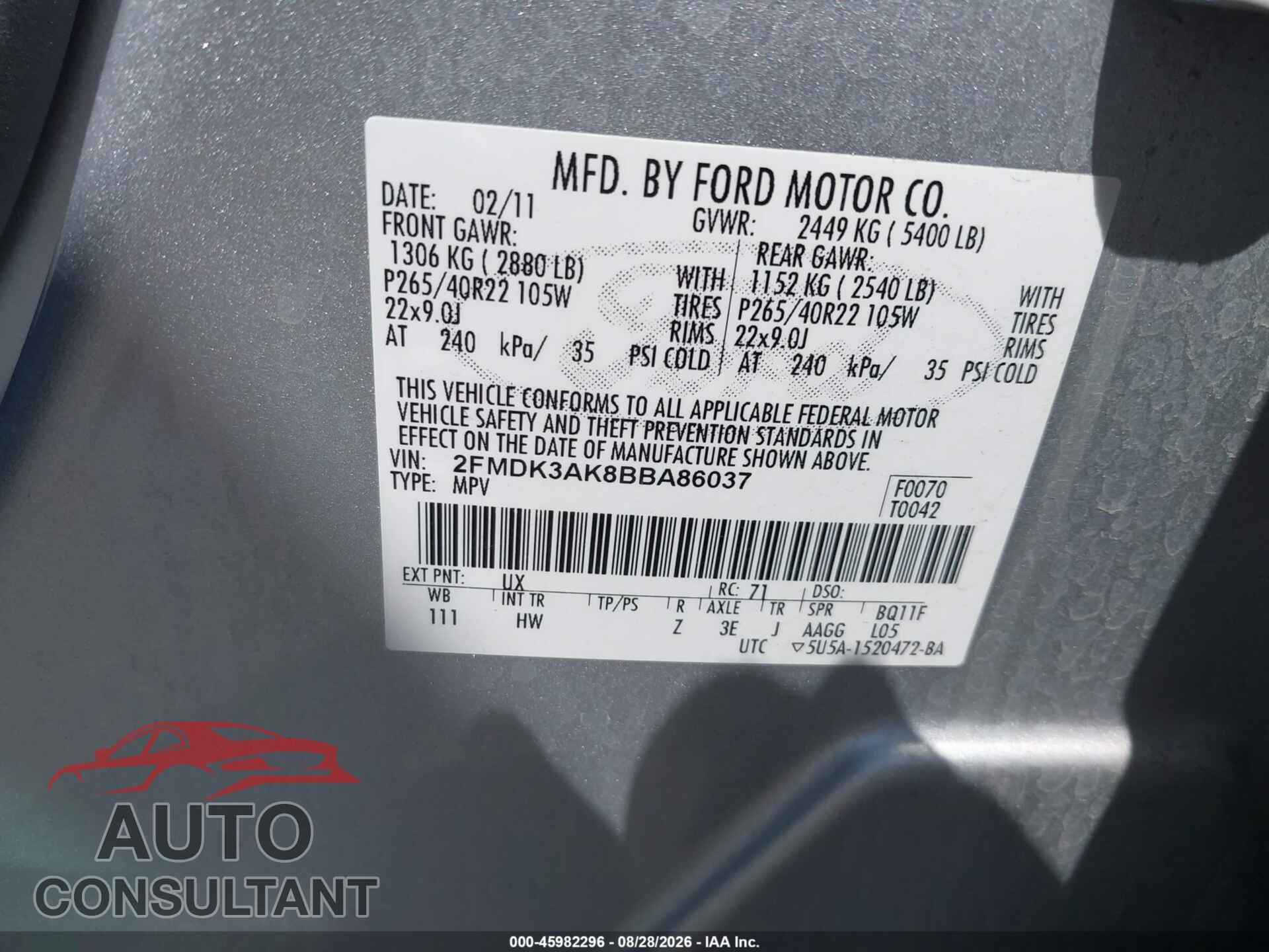 FORD EDGE 2011 - 2FMDK3AK8BBA86037