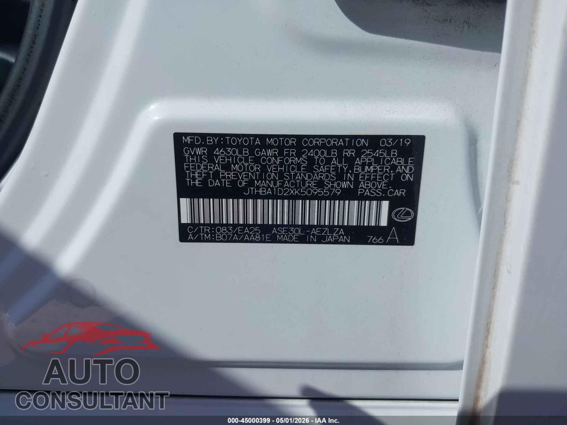LEXUS IS 300 2019 - JTHBA1D2XK5095579