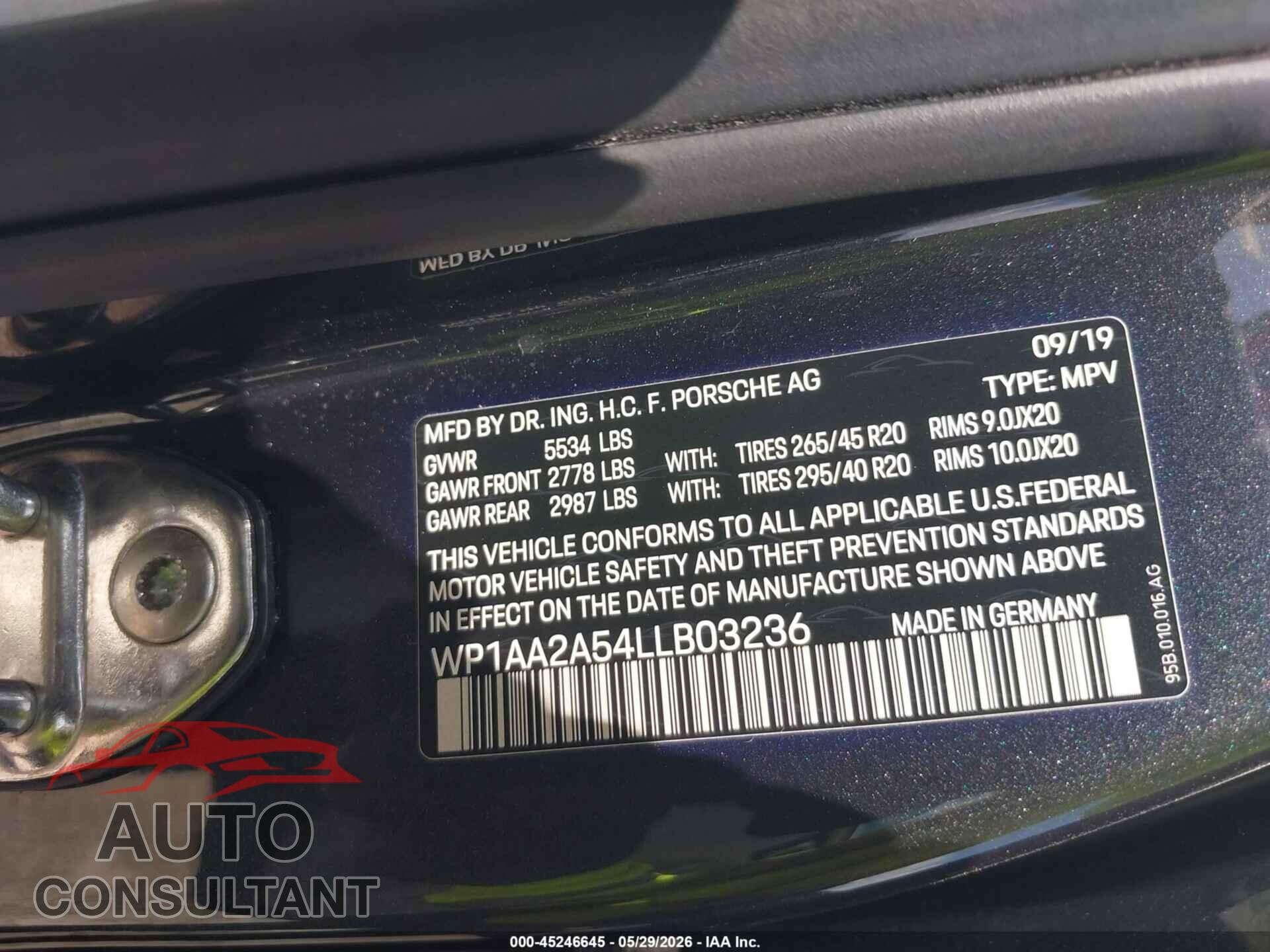 PORSCHE MACAN 2020 - WP1AA2A54LLB03236