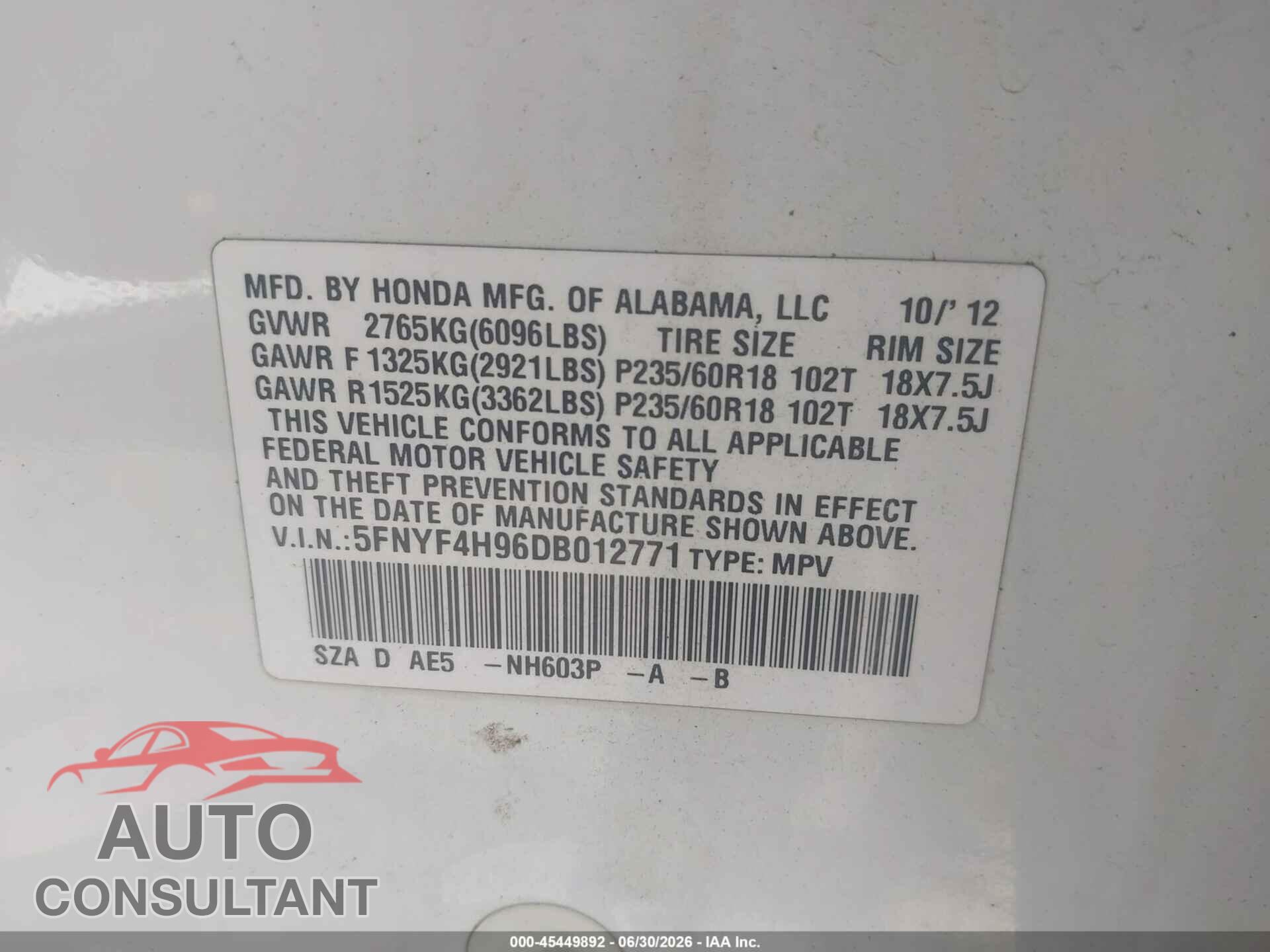 HONDA PILOT 2013 - 5FNYF4H96DB012771