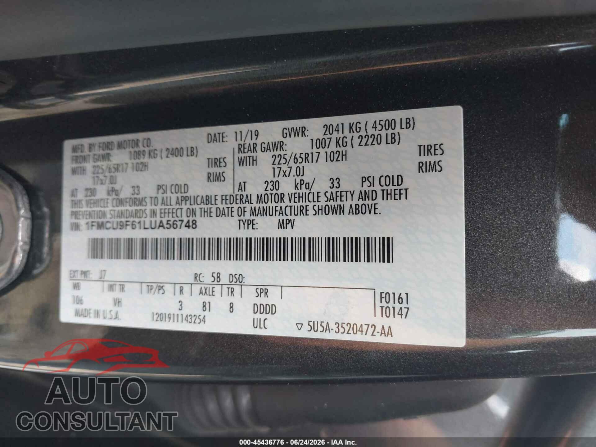 FORD ESCAPE 2020 - 1FMCU9F61LUA56748