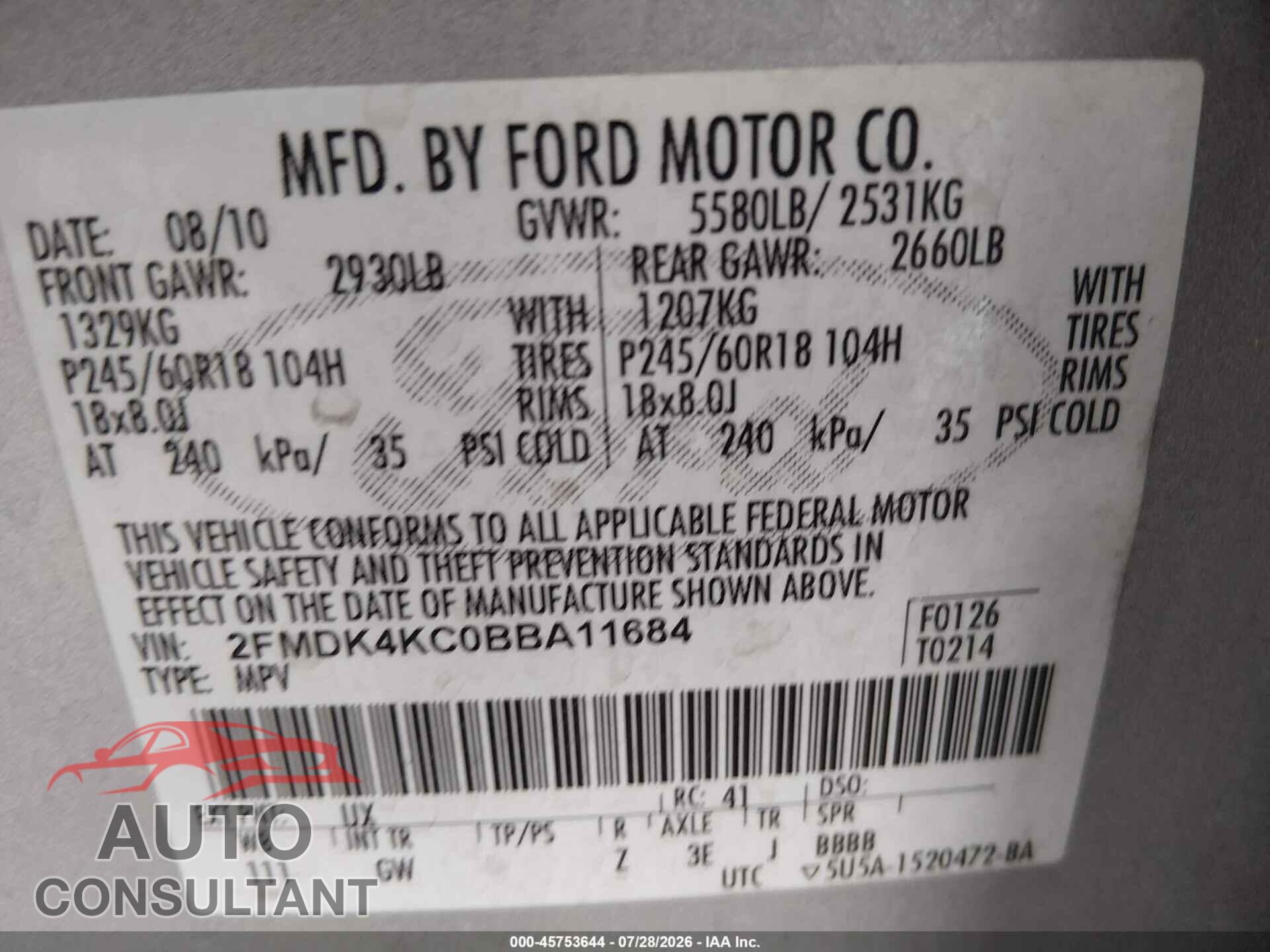 FORD EDGE 2011 - 2FMDK4KC0BBA11684