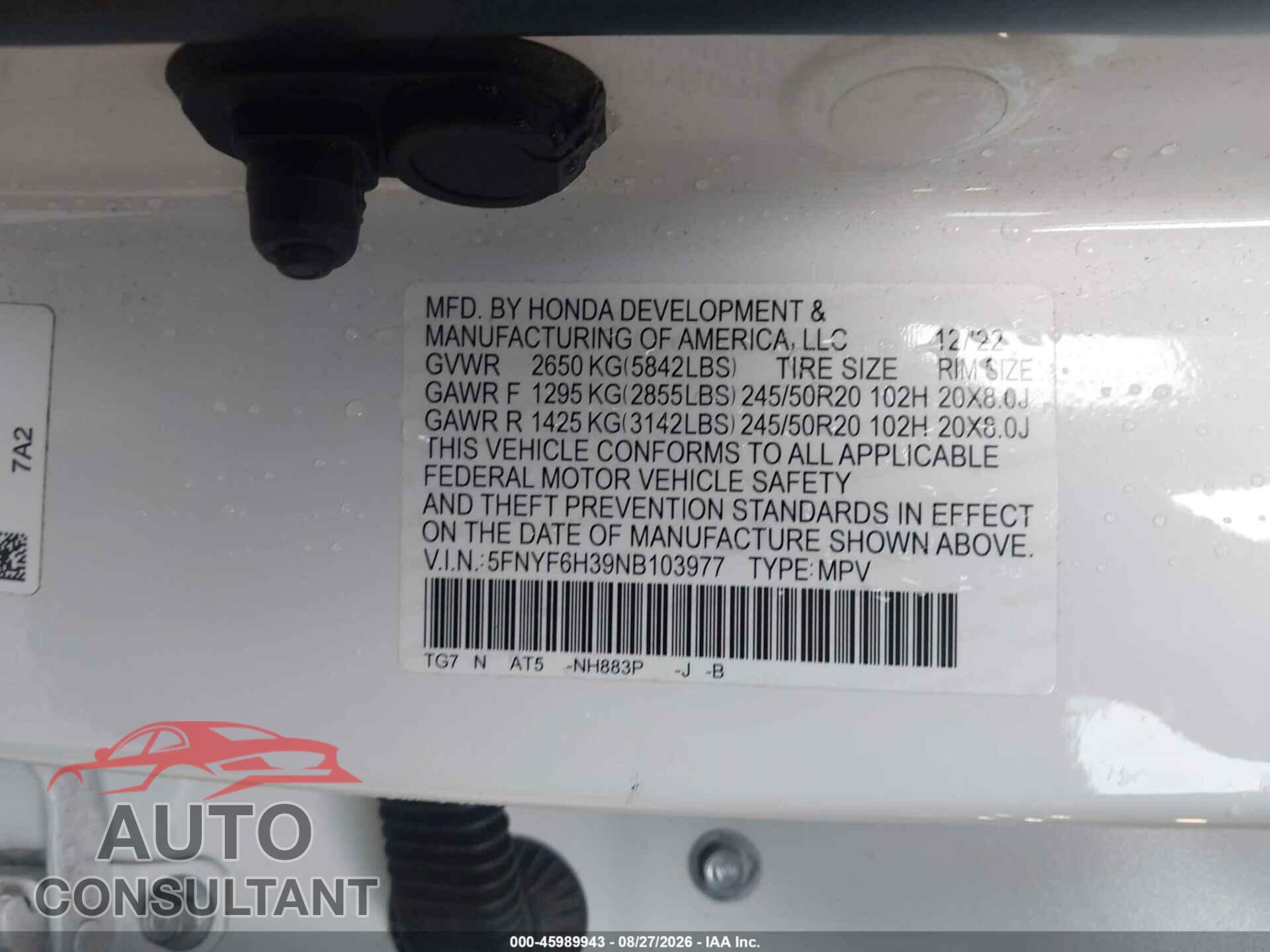 HONDA PILOT 2022 - 5FNYF6H39NB103977