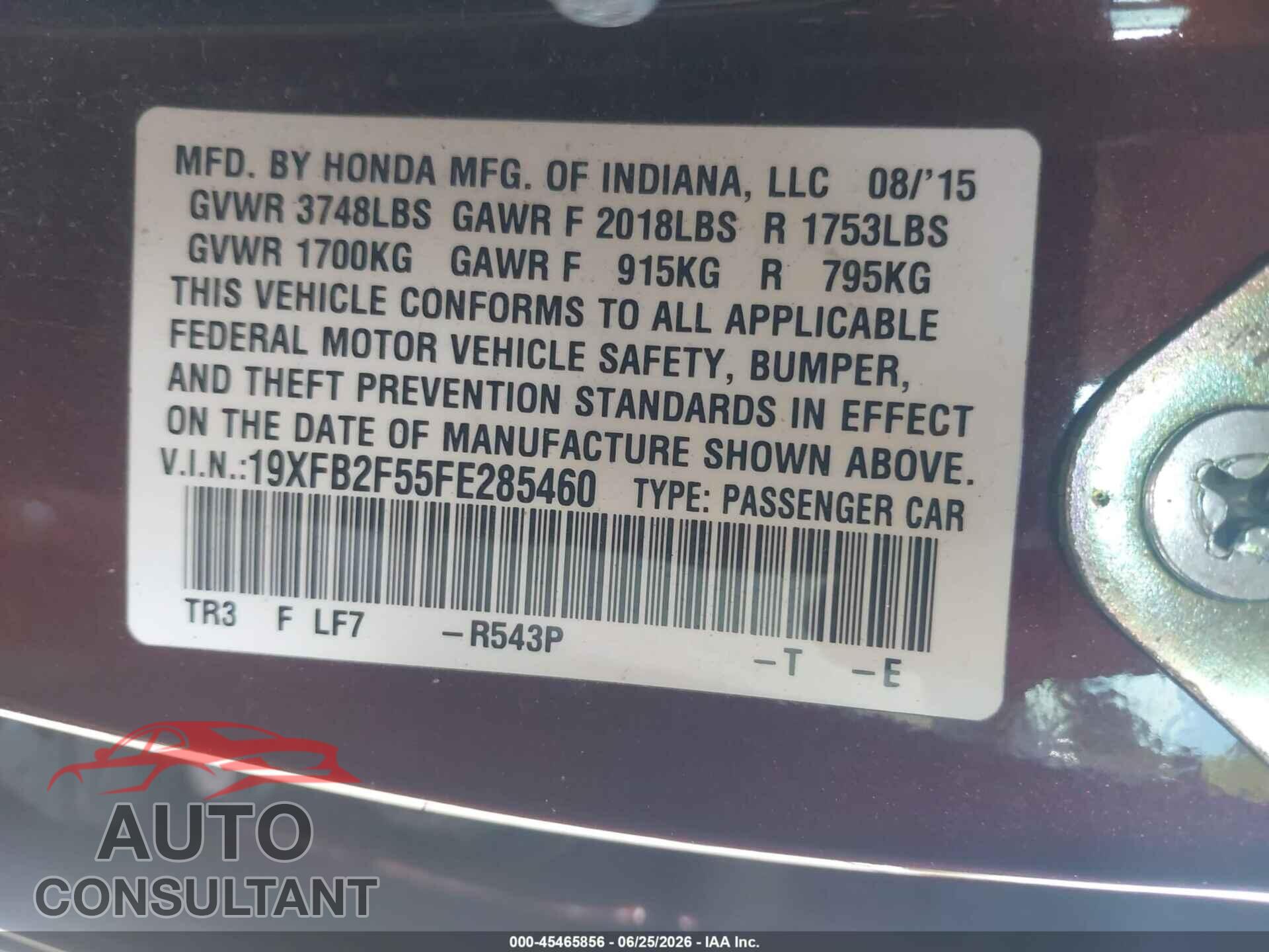 HONDA CIVIC 2015 - 19XFB2F55FE285460