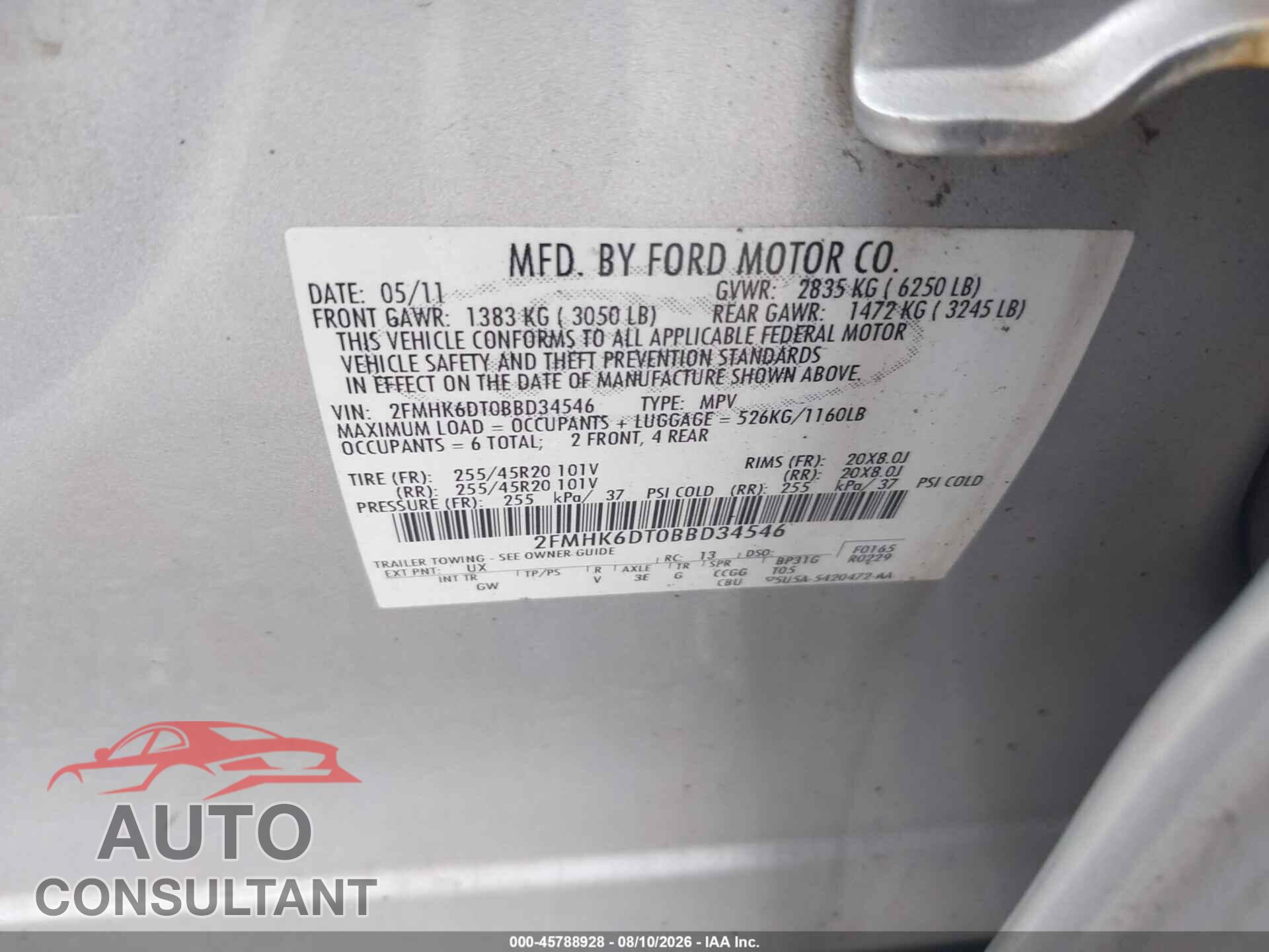 FORD FLEX 2011 - 2FMHK6DT0BBD34546