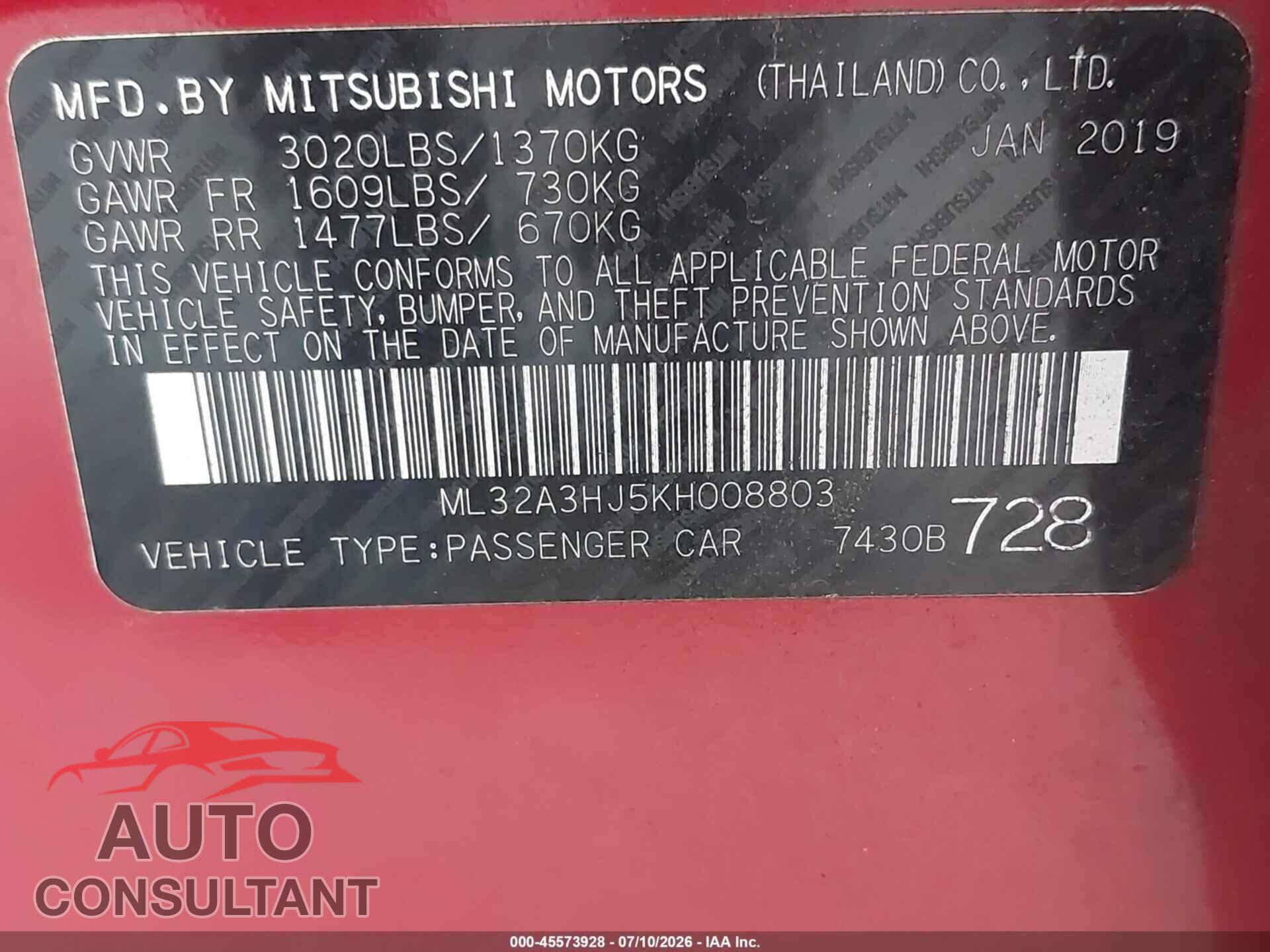 MITSUBISHI MIRAGE 2019 - ML32A3HJ5KH008803