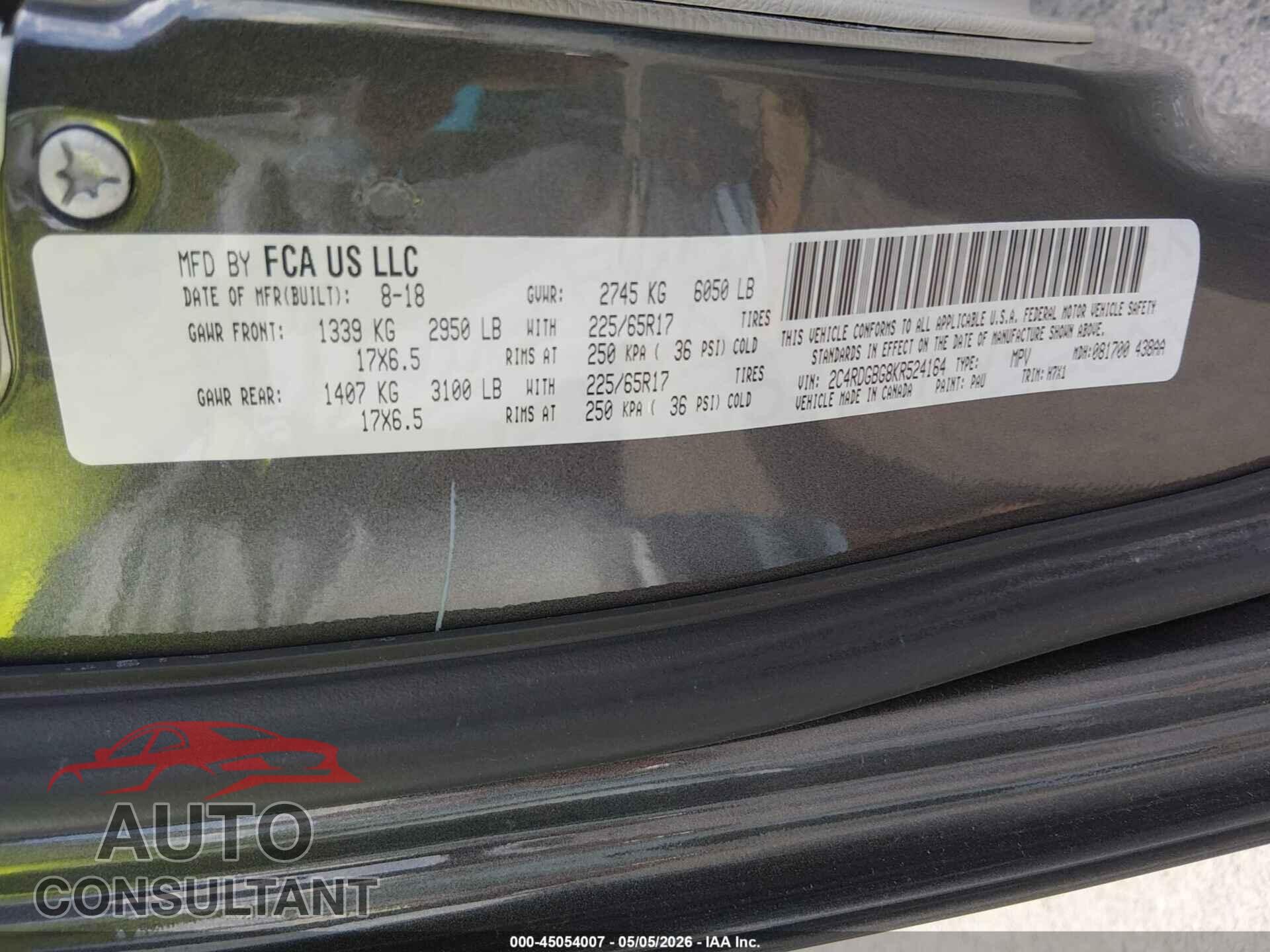 DODGE GRAND CARAVAN 2019 - 2C4RDGBG8KR524164