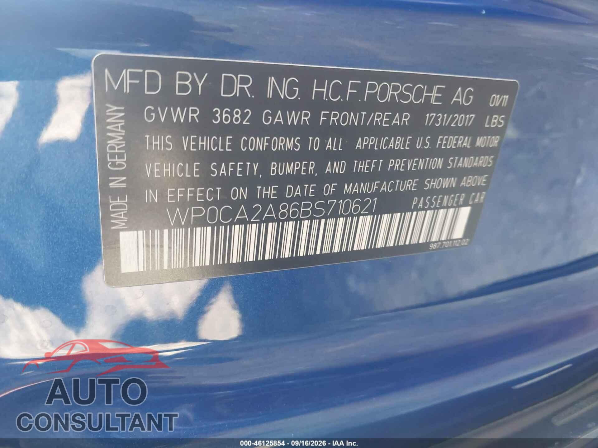 PORSCHE BOXSTER 2011 - WP0CA2A86BS710621