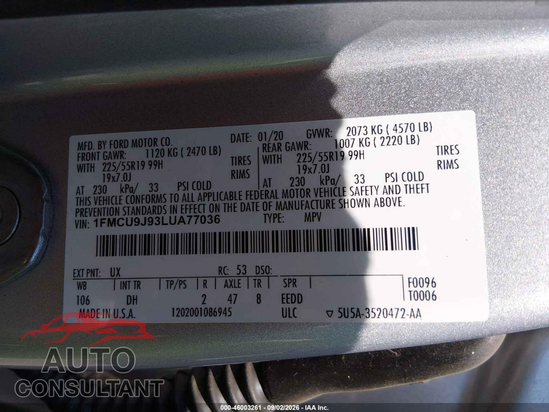 FORD ESCAPE 2020 - 1FMCU9J93LUA77036