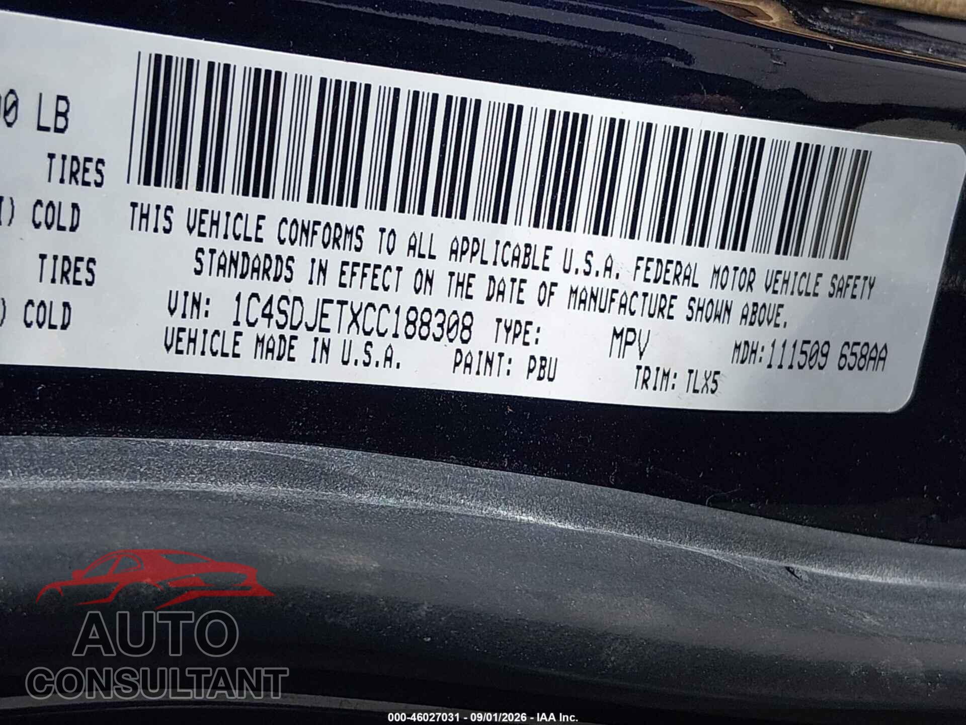 DODGE DURANGO 2012 - 1C4SDJETXCC188308