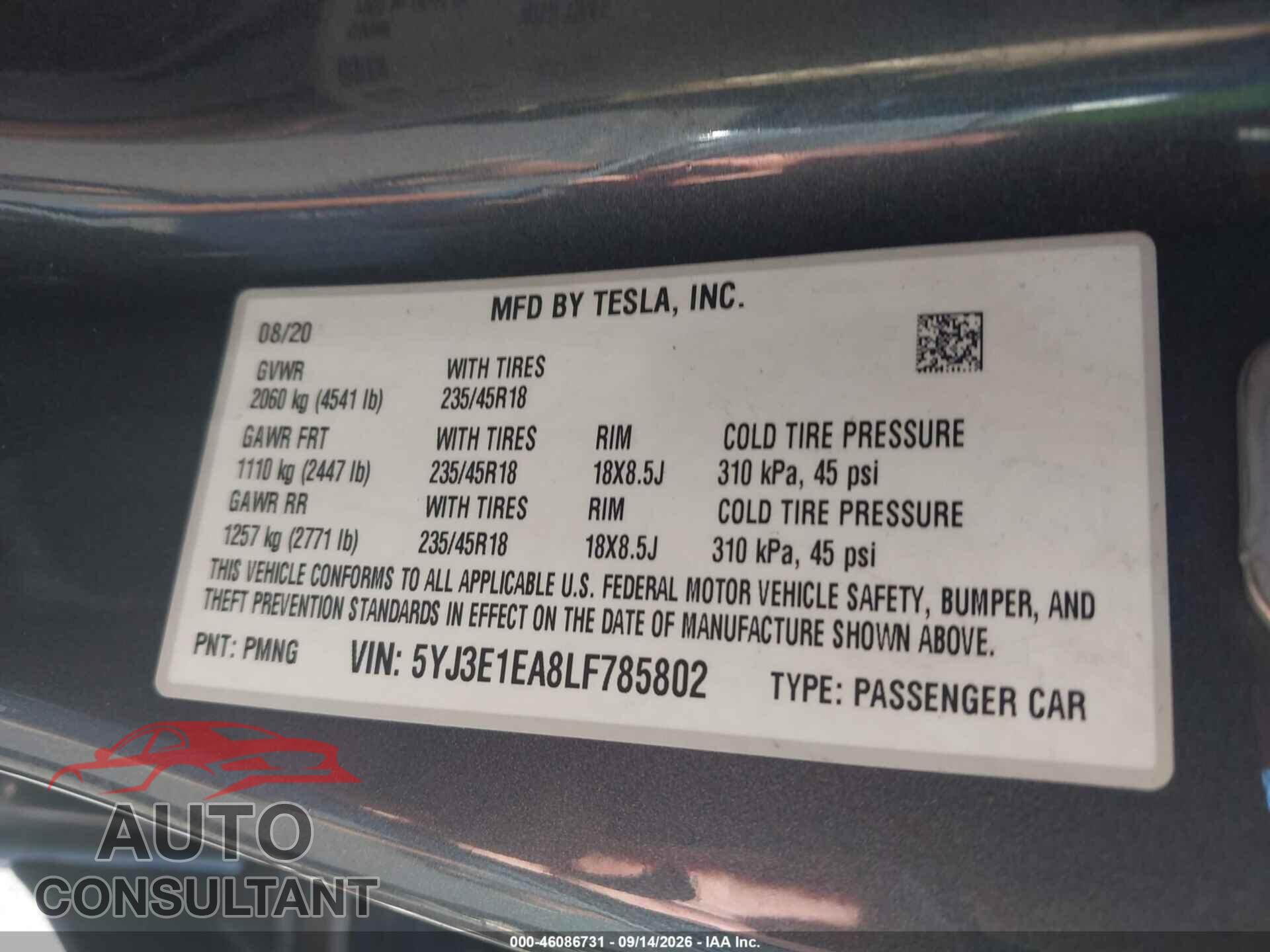 TESLA MODEL 3 2020 - 5YJ3E1EA8LF785802