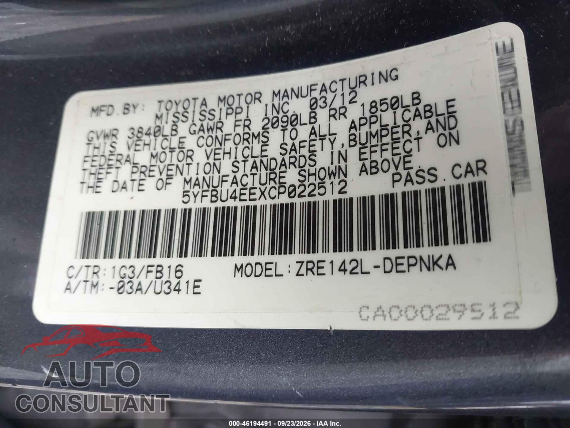 TOYOTA COROLLA 2012 - 5YFBU4EEXCP022512
