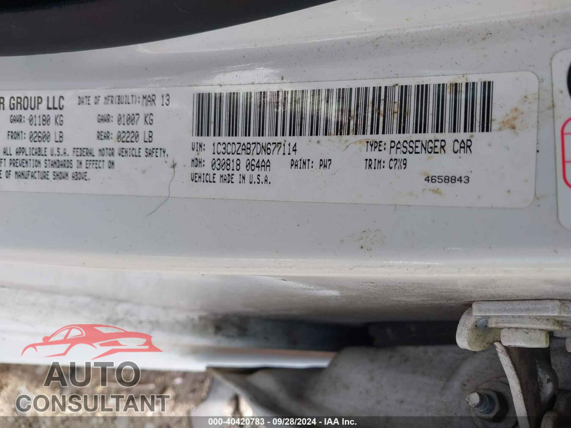 DODGE AVENGER 2013 - 1C3CDZAB7DN677114