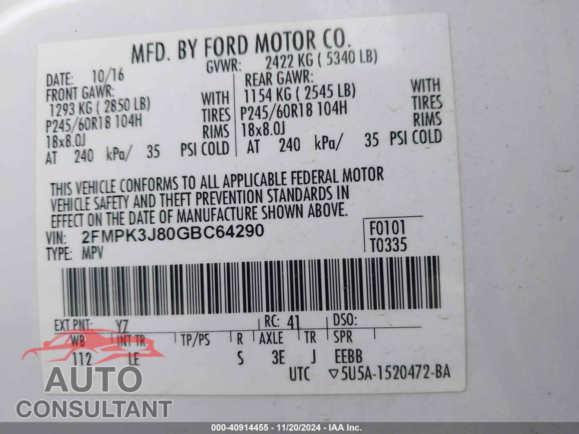 FORD EDGE 2016 - 2FMPK3J80GBC64290
