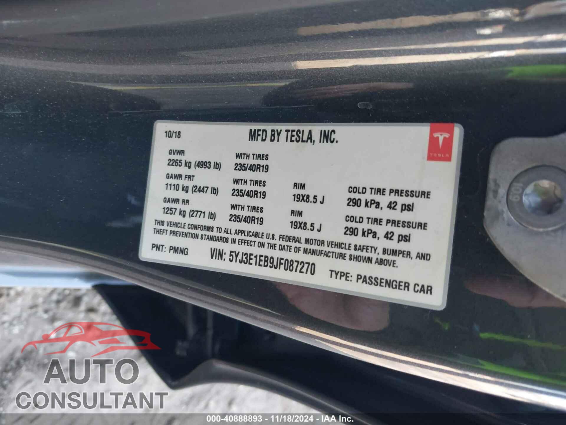 TESLA MODEL 3 2018 - 5YJ3E1EB9JF087270
