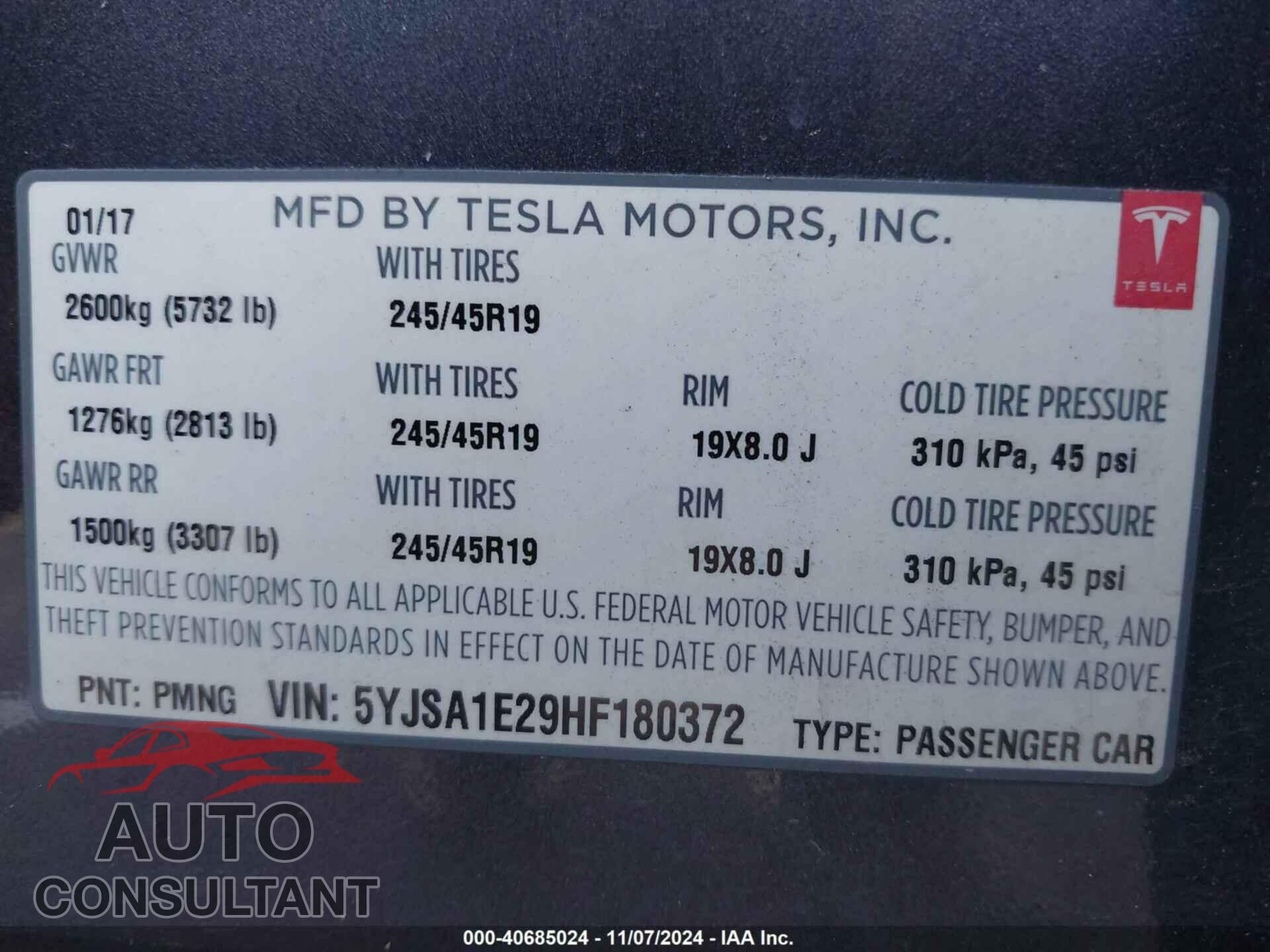 TESLA MODEL S 2017 - 5YJSA1E29HF180372