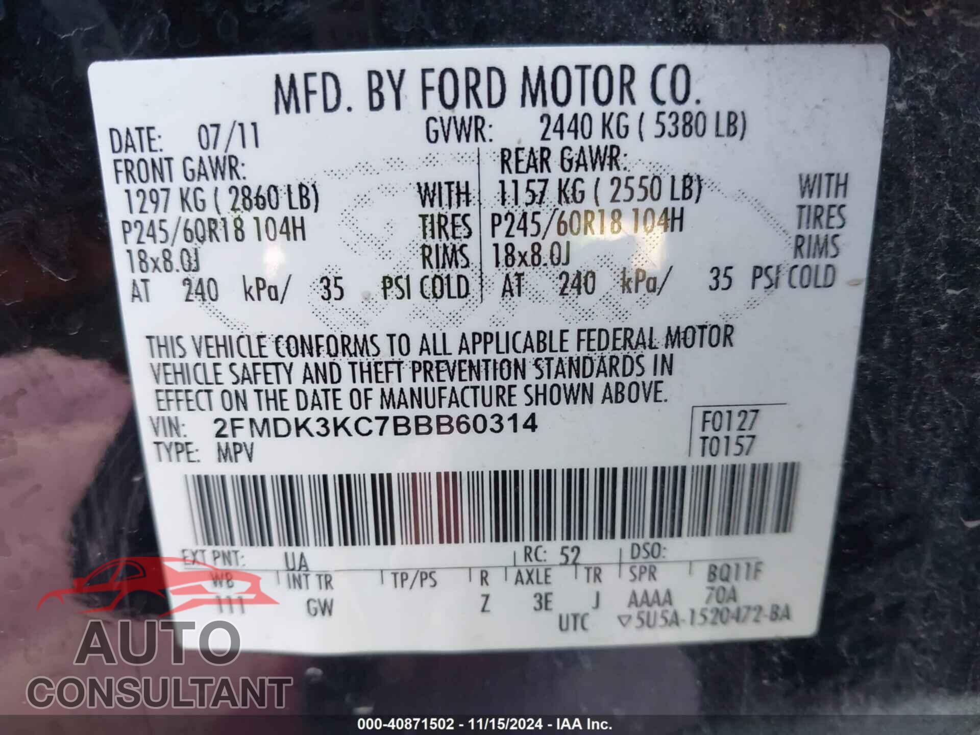 FORD EDGE 2011 - 2FMDK3KC7BBB60314