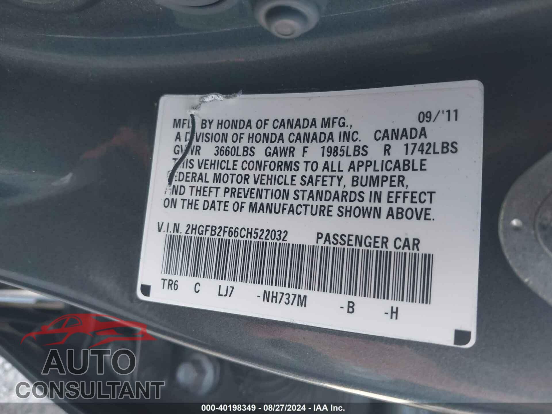 HONDA CIVIC 2012 - 2HGFB2F66CH522032