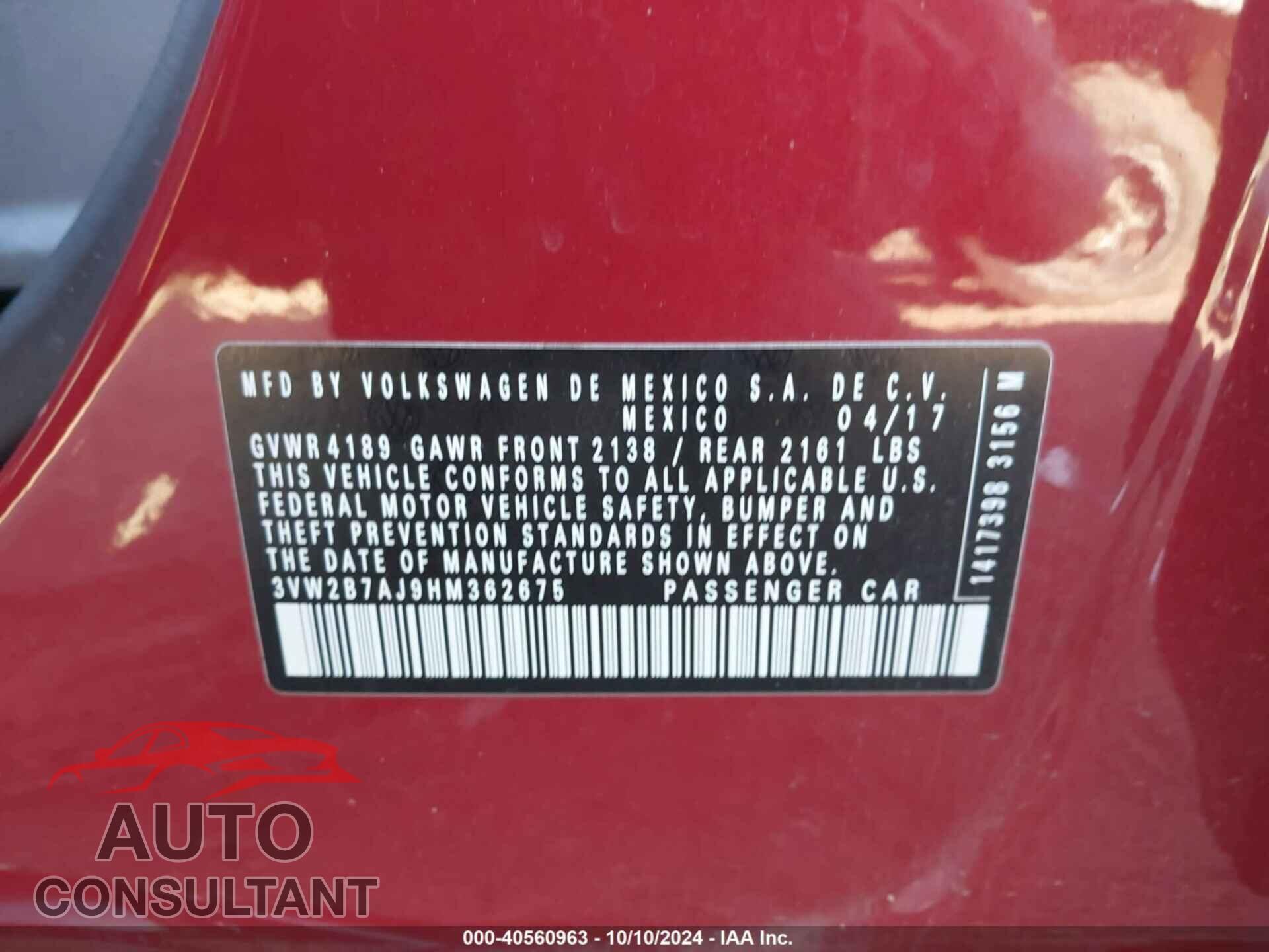 VOLKSWAGEN JETTA 2017 - 3VW2B7AJ9HM362675
