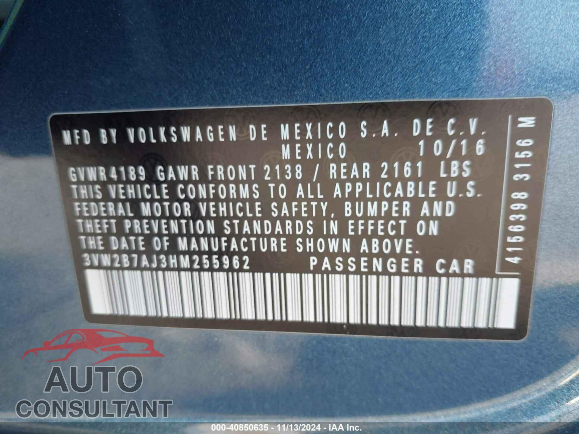 VOLKSWAGEN JETTA 2017 - 3VW2B7AJ3HM255962