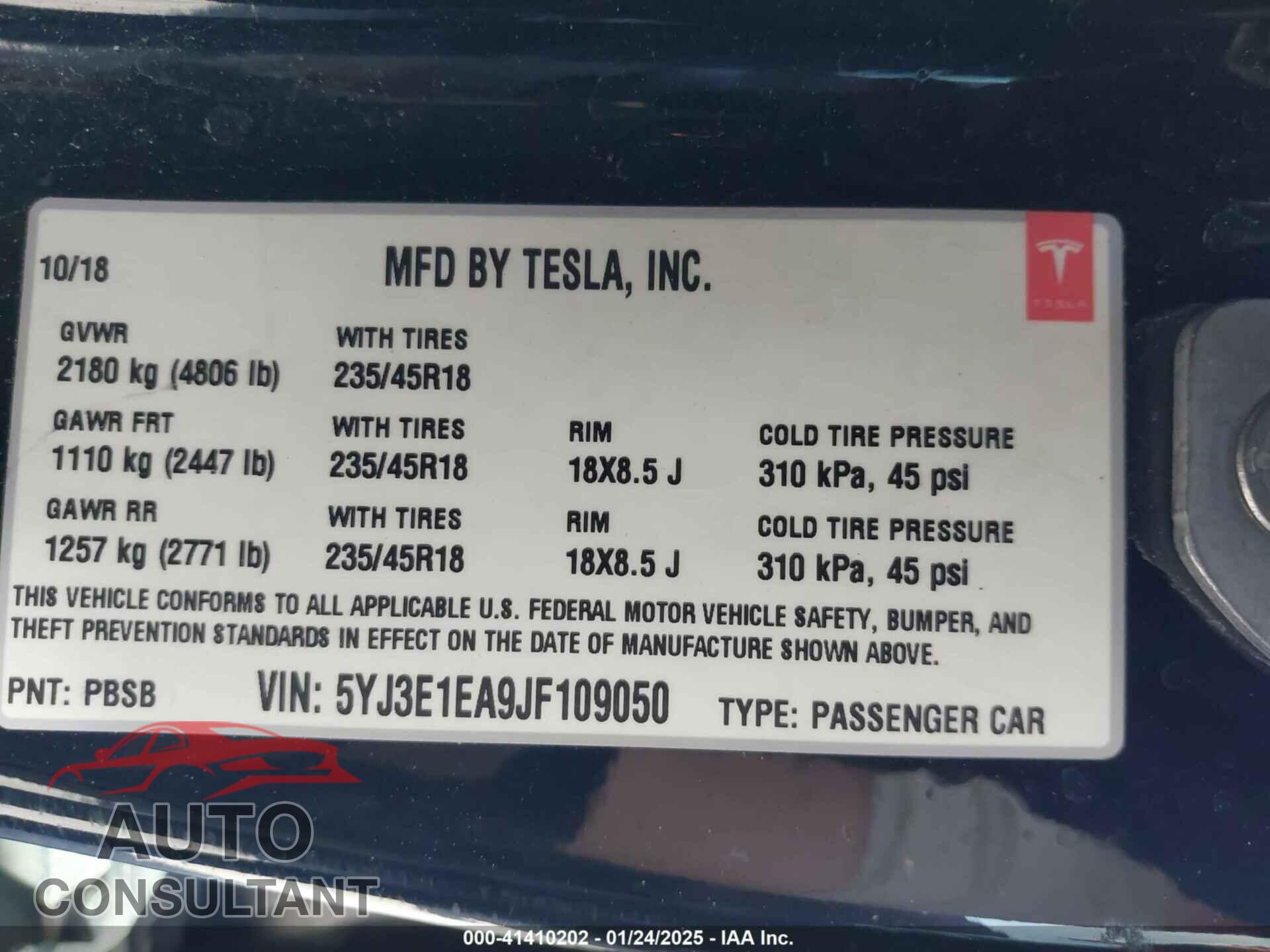 TESLA MODEL 3 2018 - 5YJ3E1EA9JF109050
