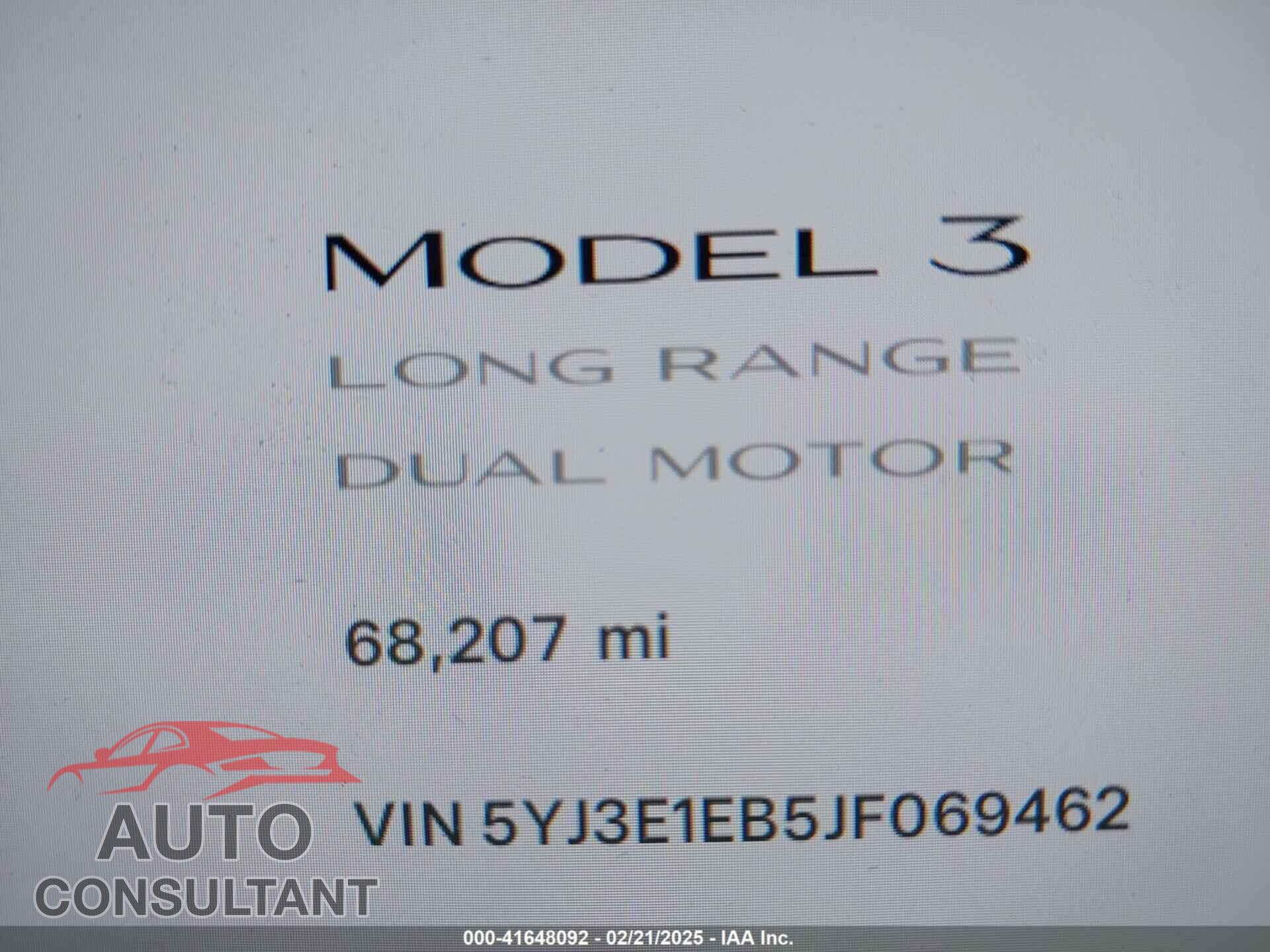 TESLA MODEL 3 2018 - 5YJ3E1EB5JF069462