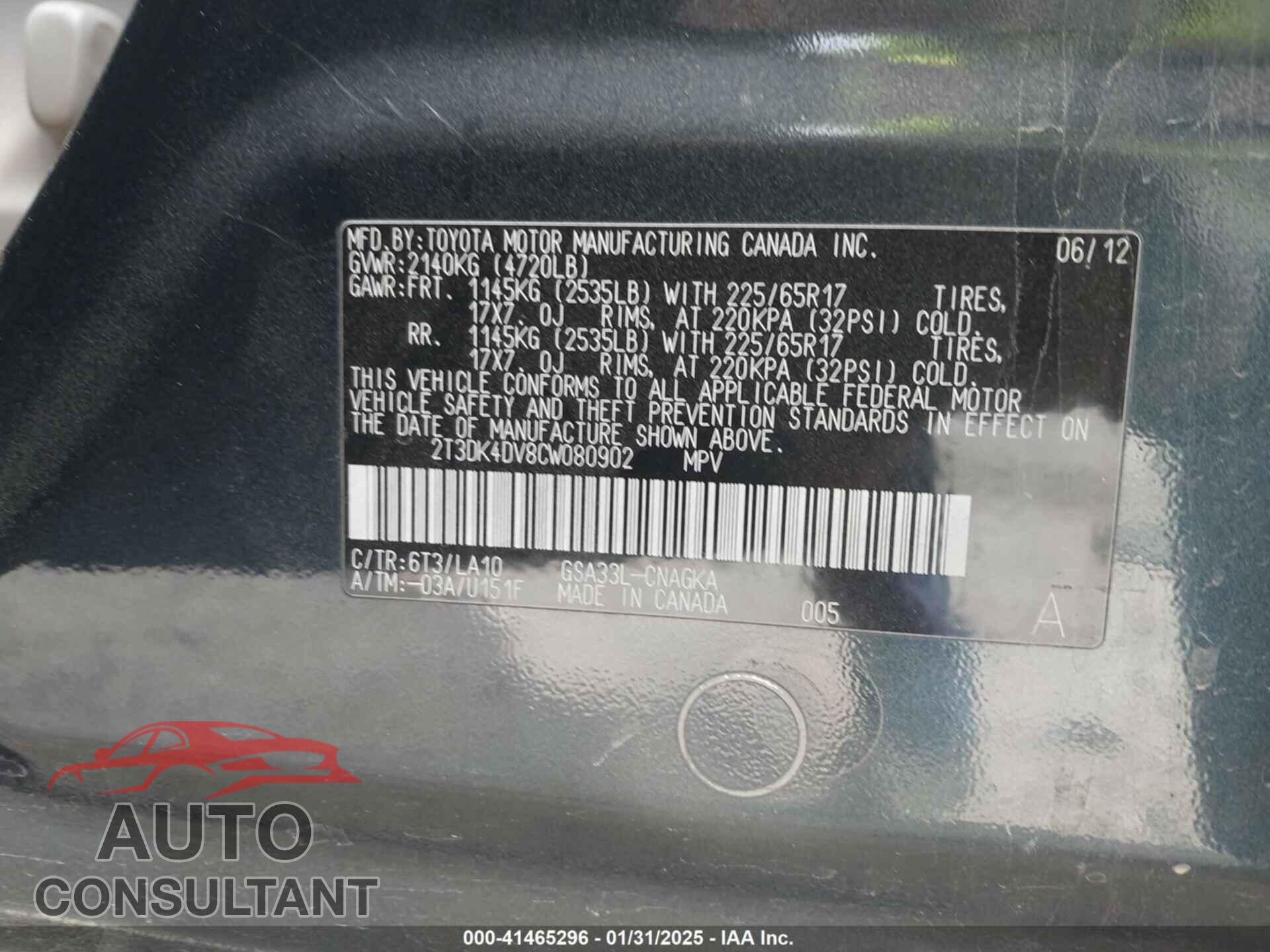 TOYOTA RAV4 2012 - 2T3DK4DV8CW080902