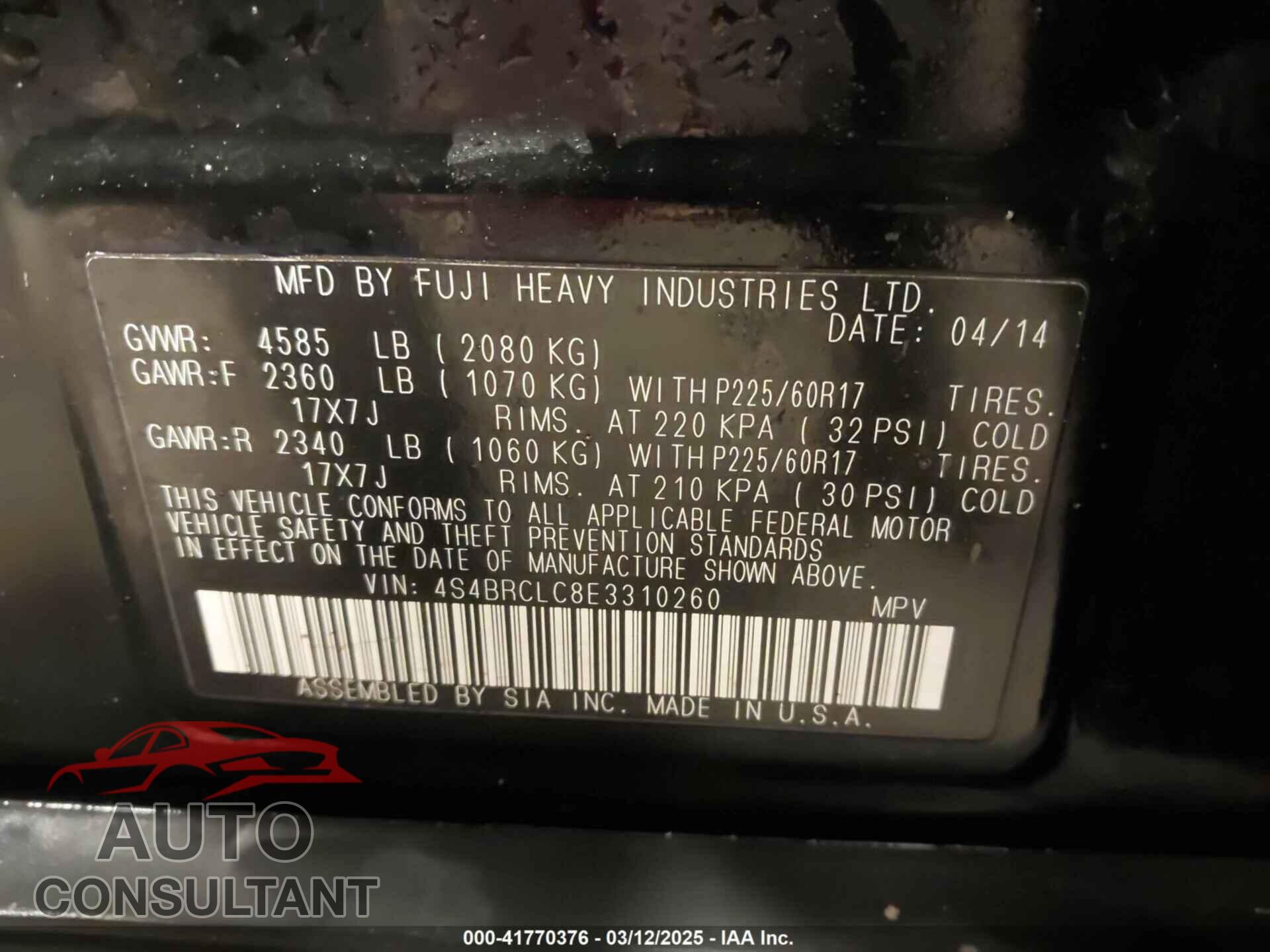 SUBARU OUTBACK 2014 - 4S4BRCLC8E3310260