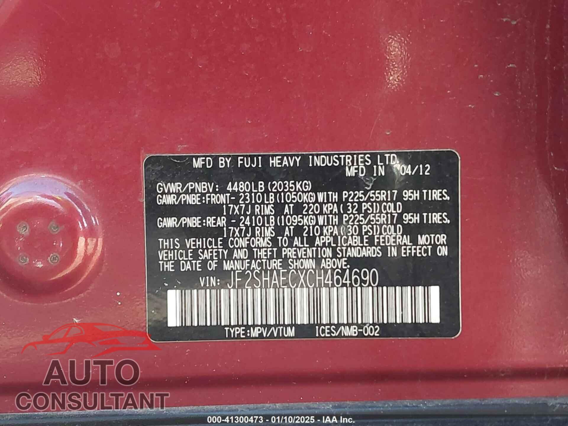 SUBARU FORESTER 2012 - JF2SHAECXCH464690