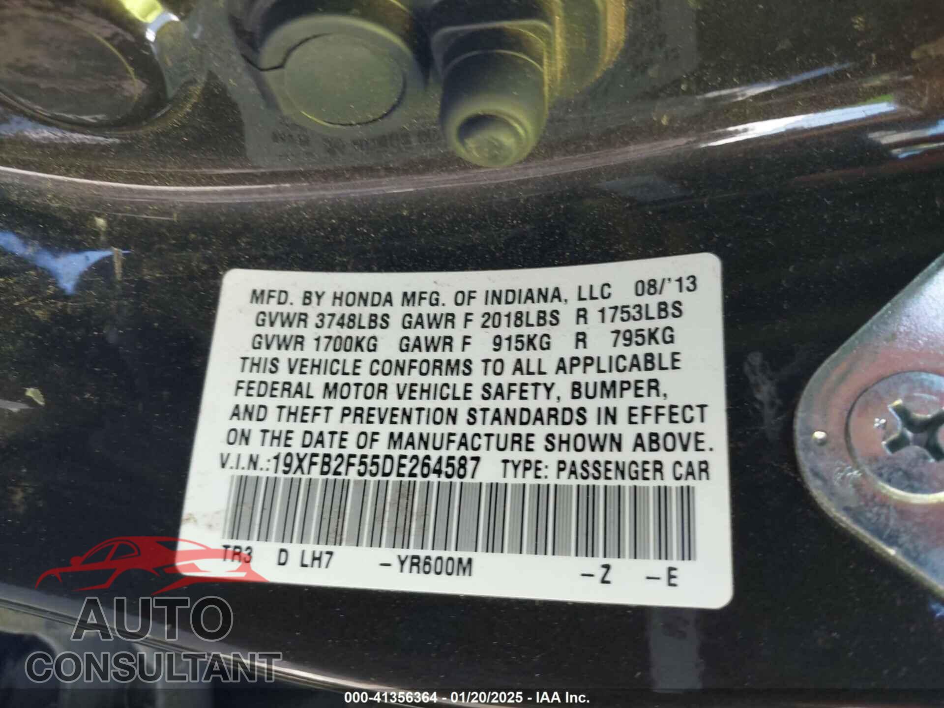 HONDA CIVIC 2013 - 19XFB2F55DE264587